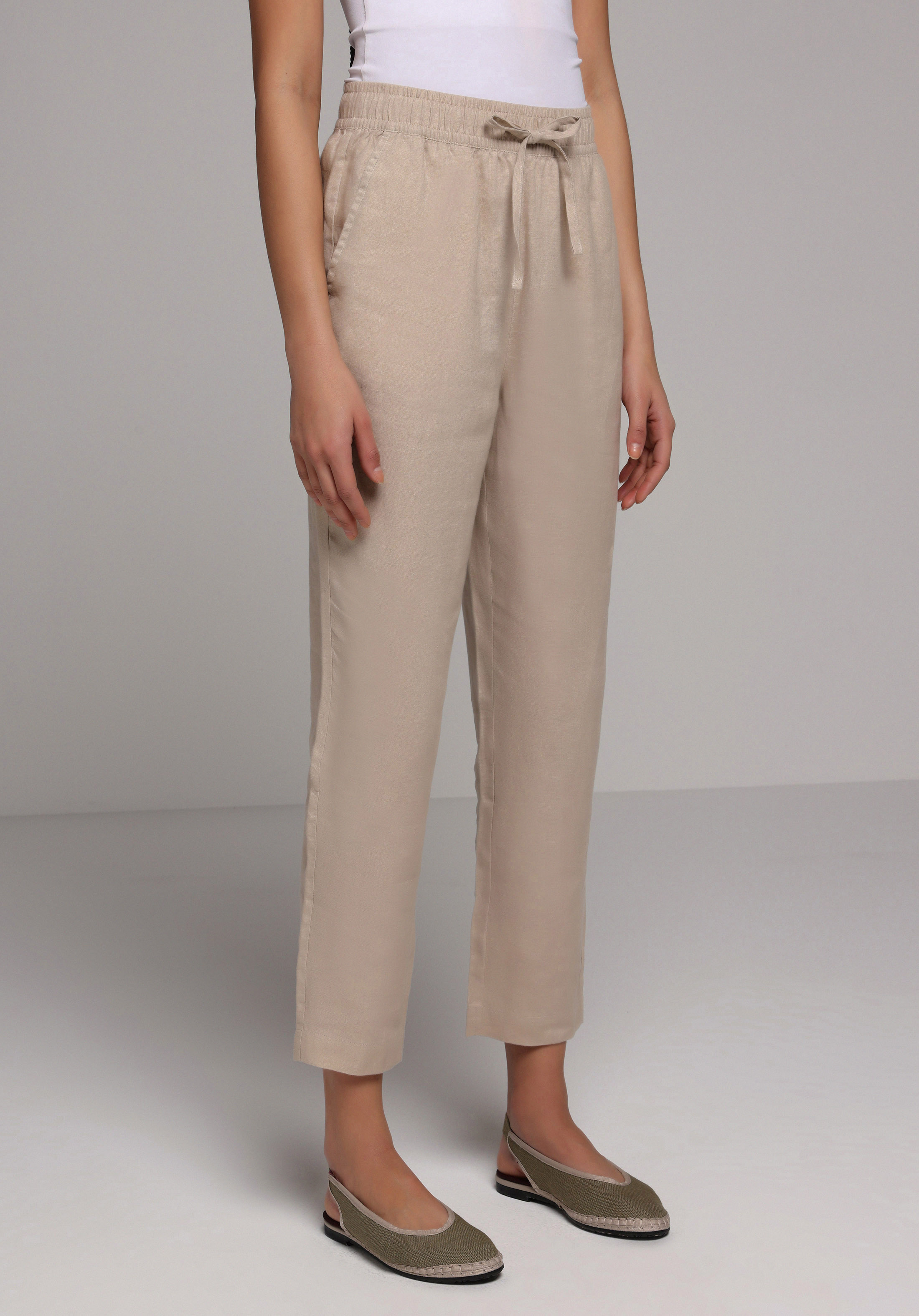 Regular Fit Yüksel Bel Düz Paça Kadın Bej  Pantolon