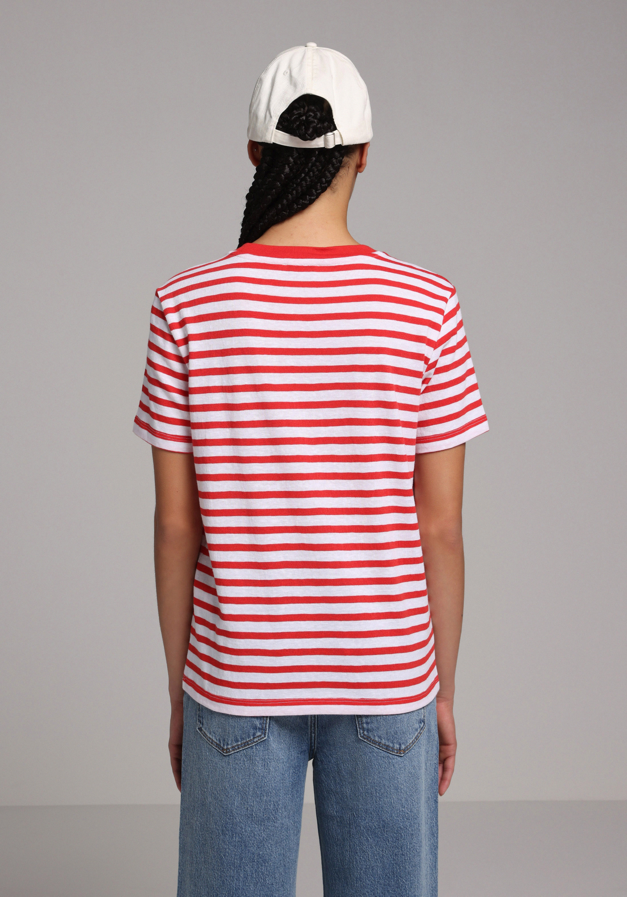 Regular Fit Yuvarlak Yaka Çizgili Kadın Kirmizi Kısa Kol Tişört
