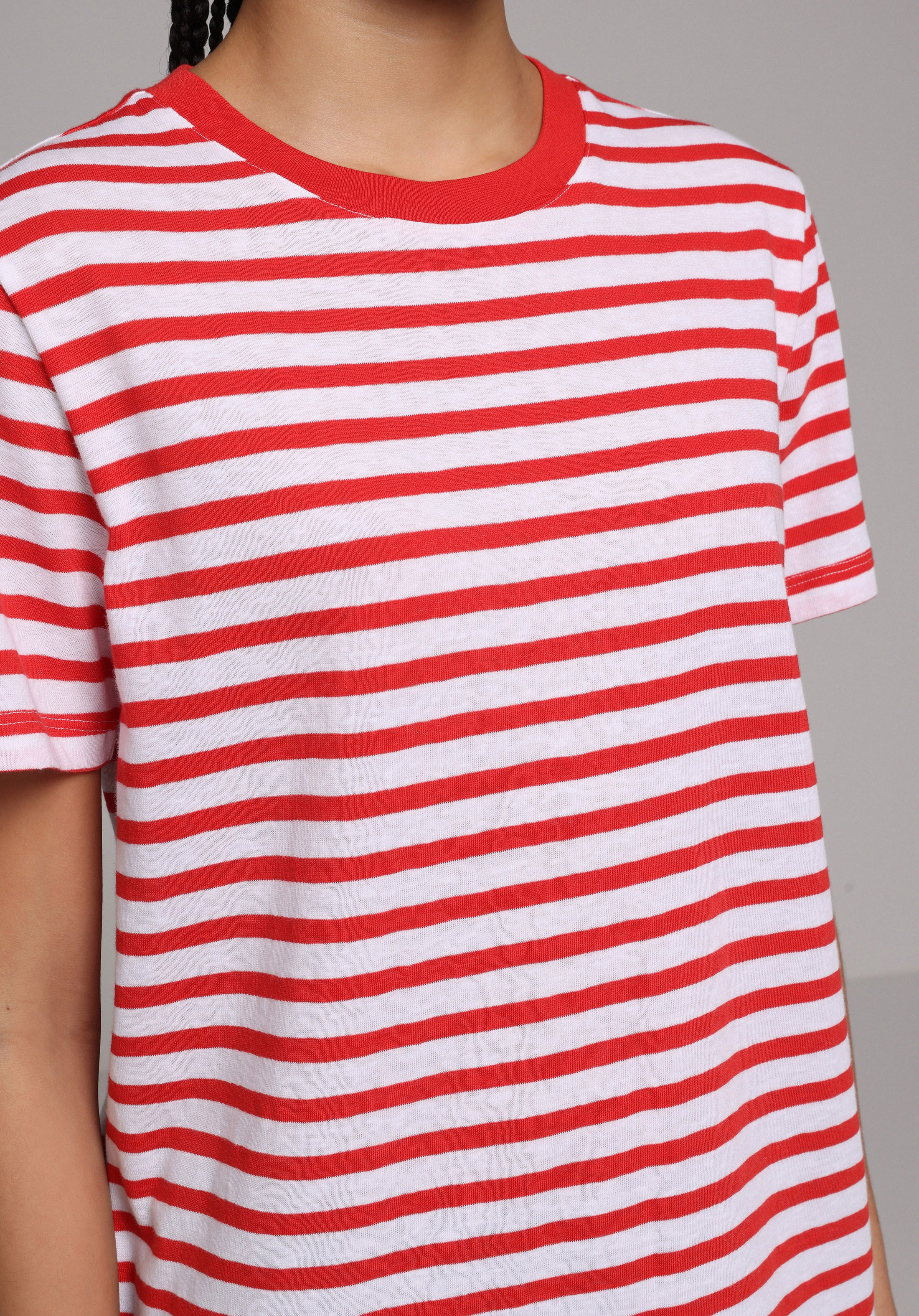Regular Fit Yuvarlak Yaka Çizgili Kadın Kirmizi Kısa Kol Tişört