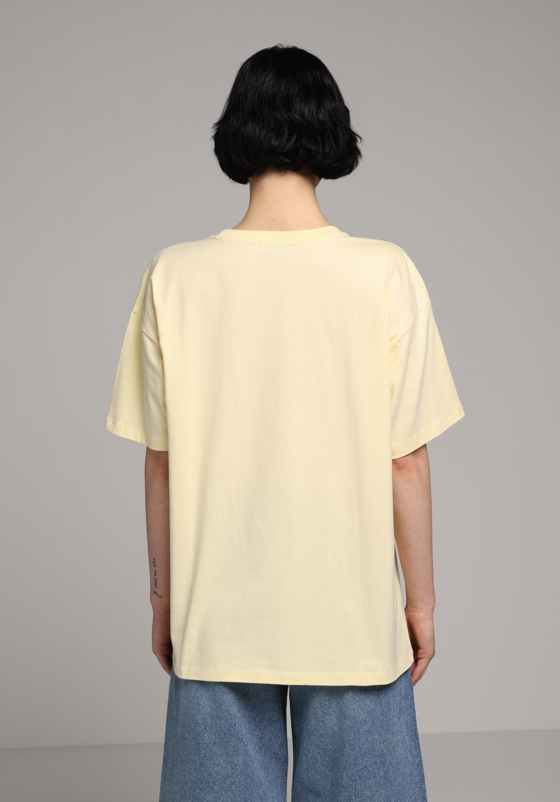 Relax Fit Yuvarlak Yaka Baskılı Kadın Sari Kısa Kol Tişört