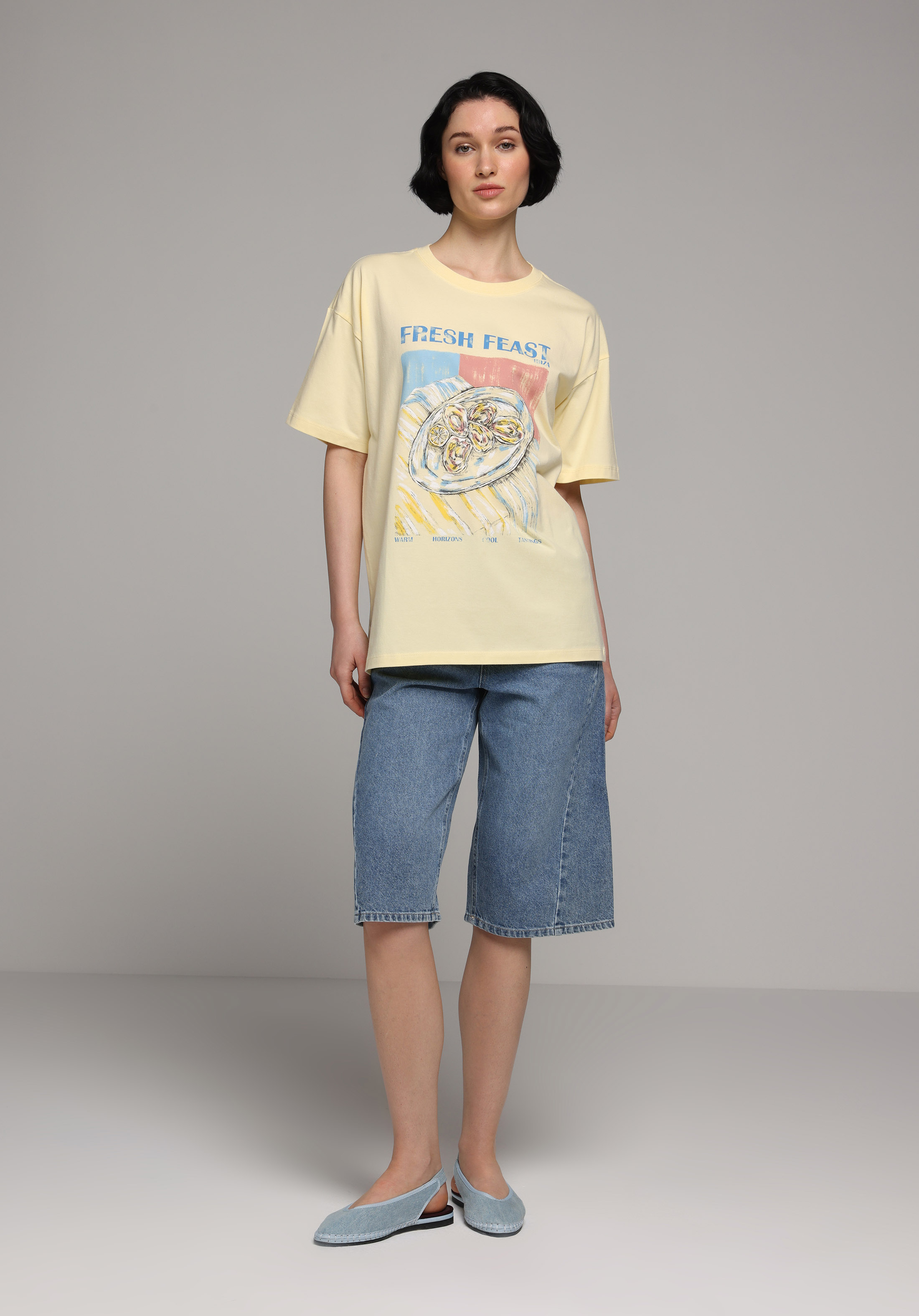 Relax Fit Yuvarlak Yaka Baskılı Kadın Sari Kısa Kol Tişört