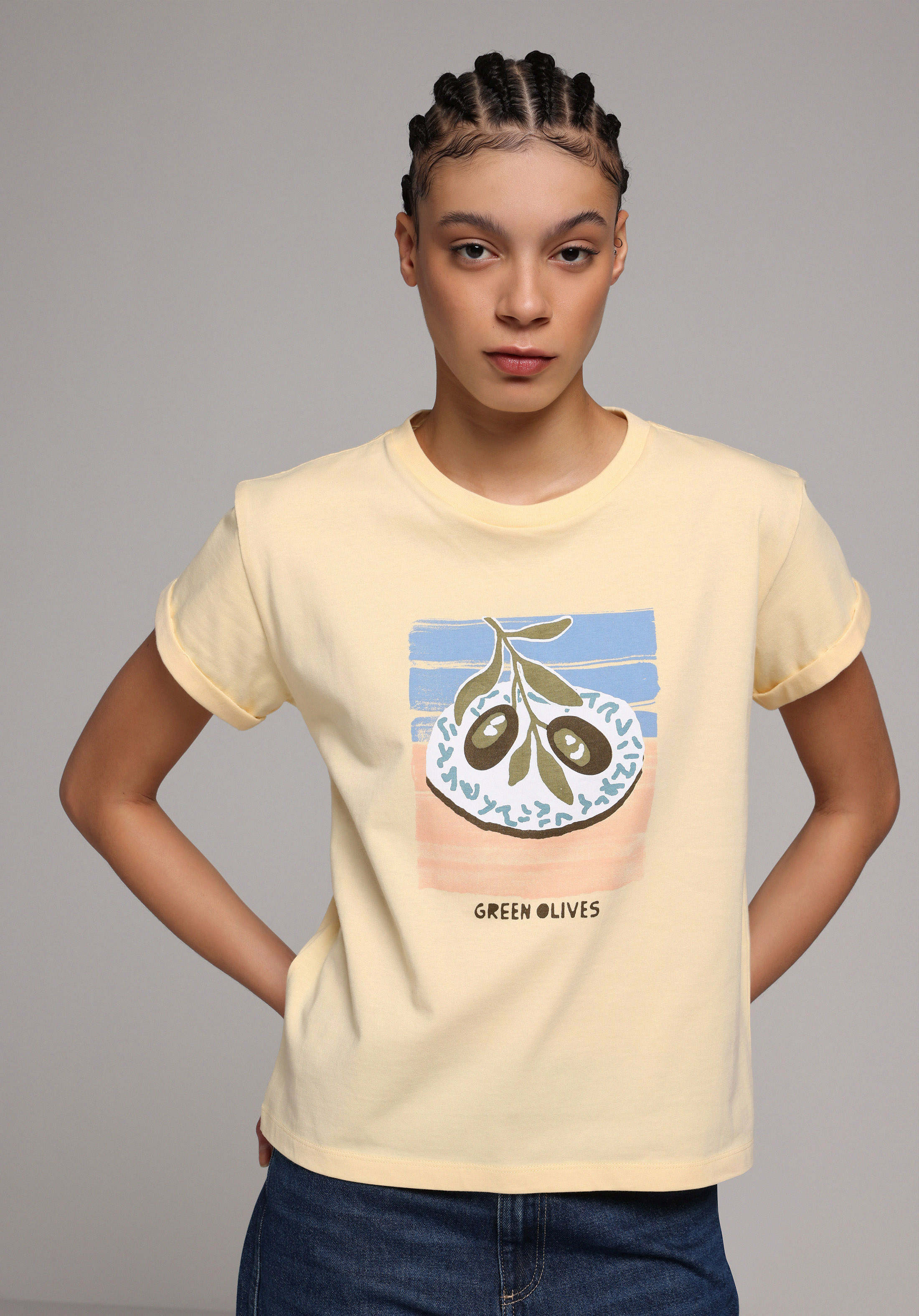 Regular Fit Yuvarlak Yaka Baskılı Kadın Sari Kısa Kol Tişört