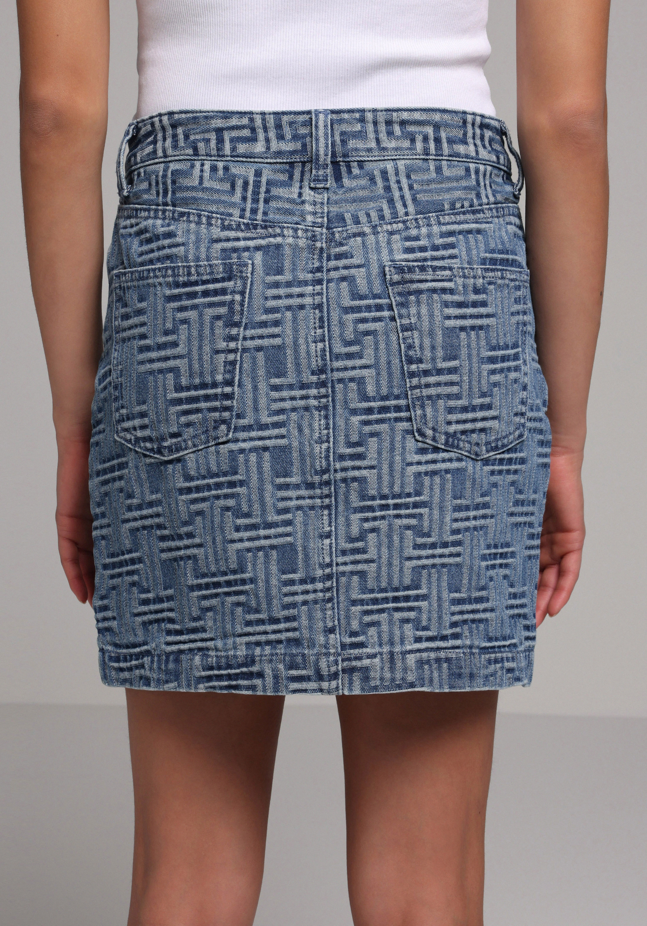 Slim Fit Jakarlı Fermuarlı Kadın Mid İndigo Denim Etek