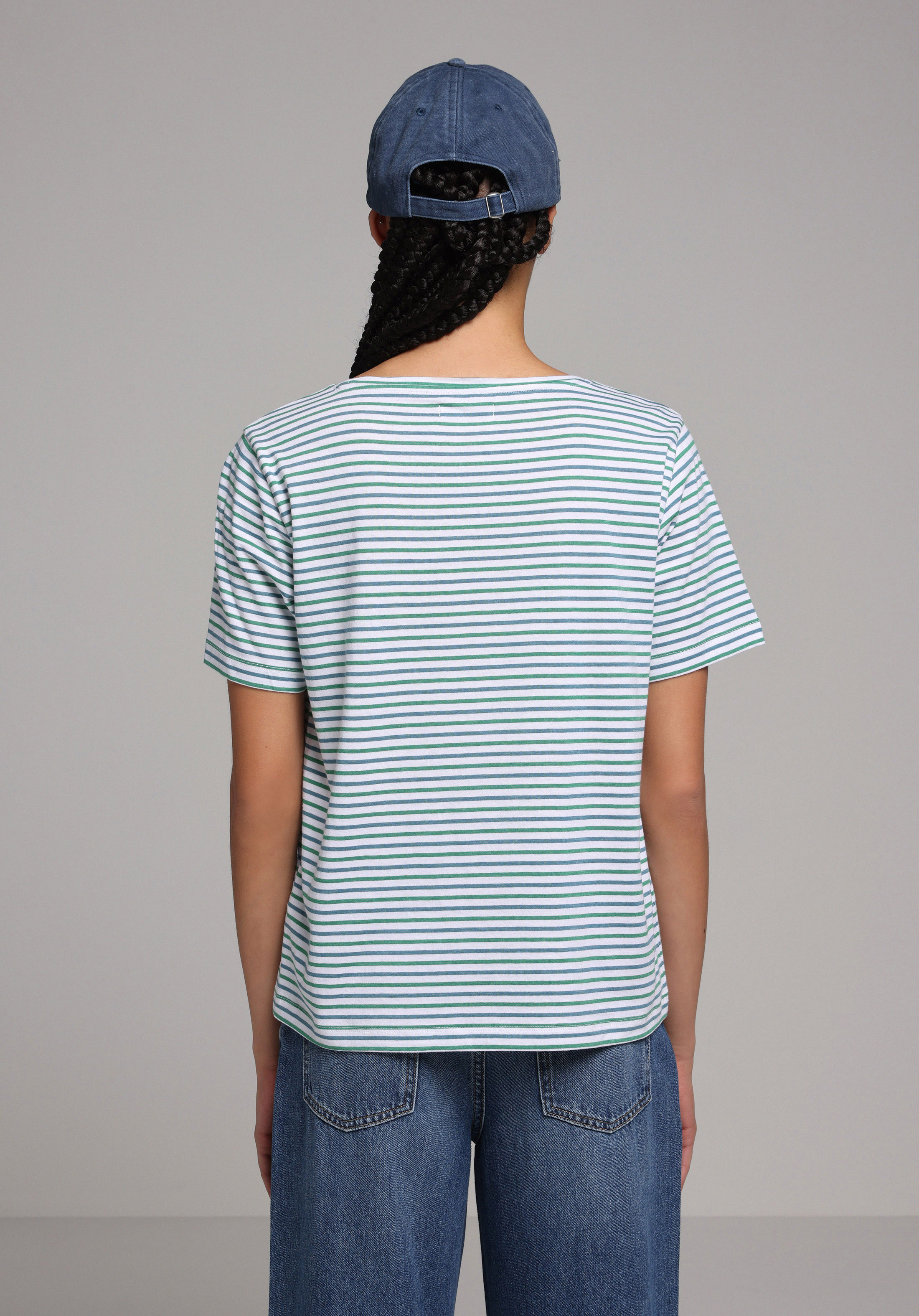 Regular Fit Yuvarlak Yaka Çizgili Kadın Yeşil Kısa Kol Tişört