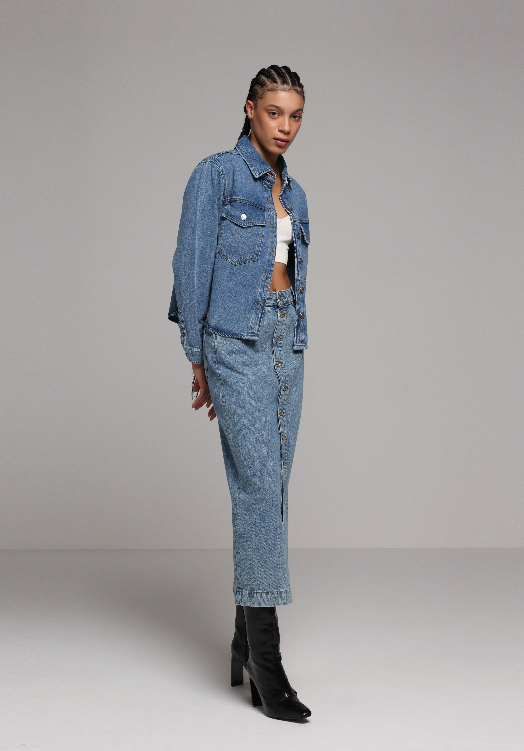 Slim Fit Düz Düğmeli Kadın Mid İndigo Denim Etek