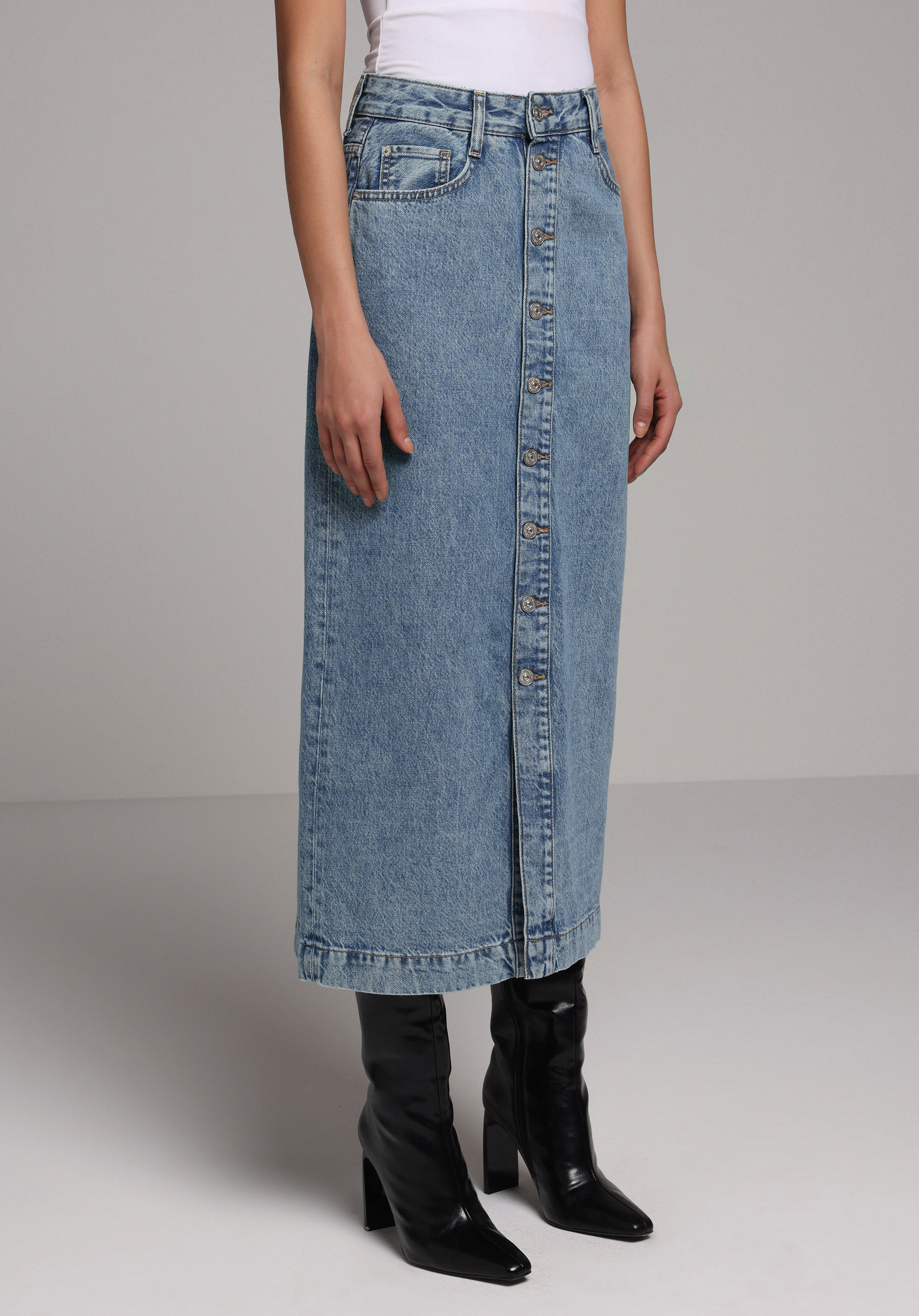 Slim Fit Düz Düğmeli Kadın Mid İndigo Denim Etek
