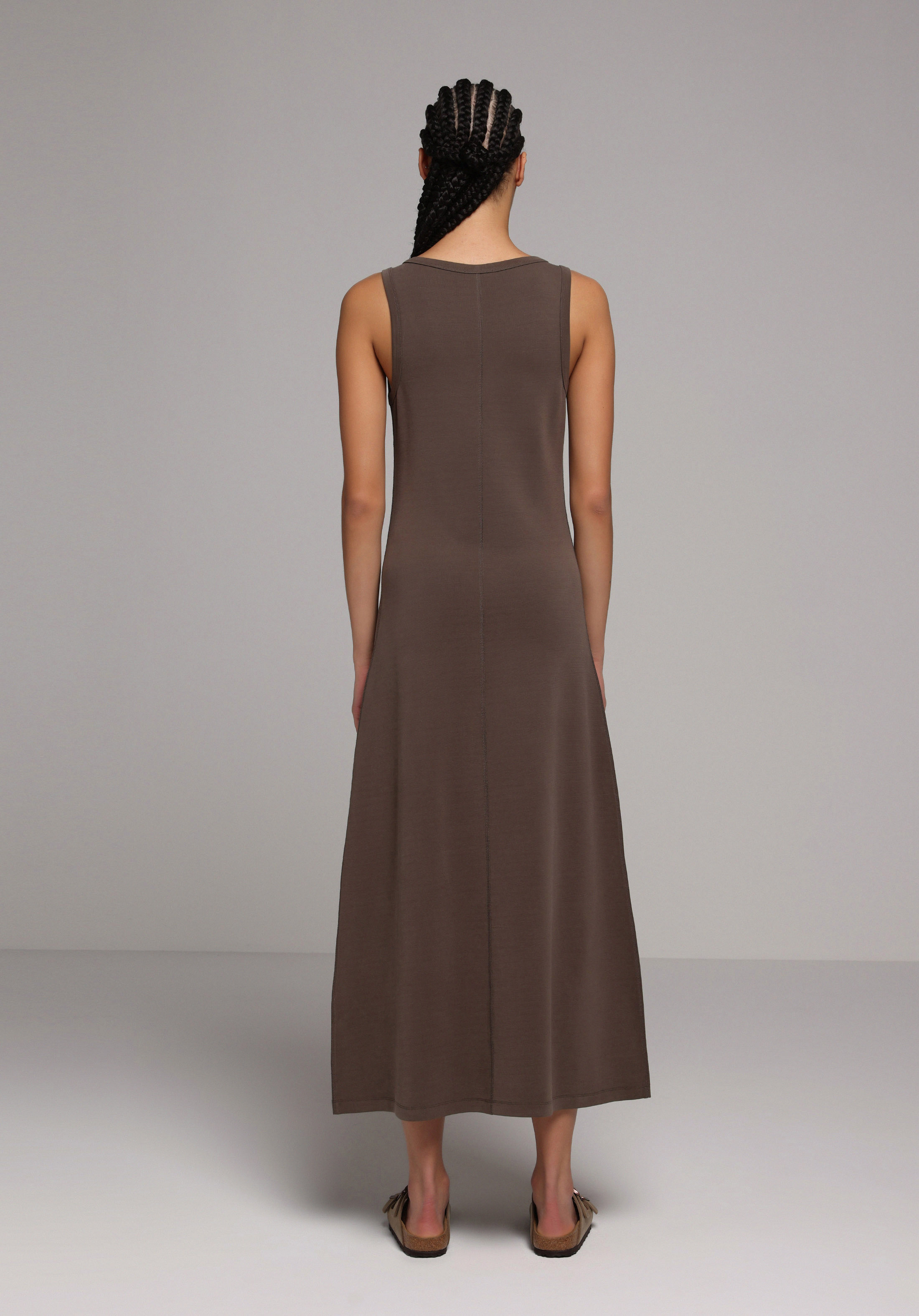 Regular Fit Düz Kadın Kahverengi Kolsuz Elbise