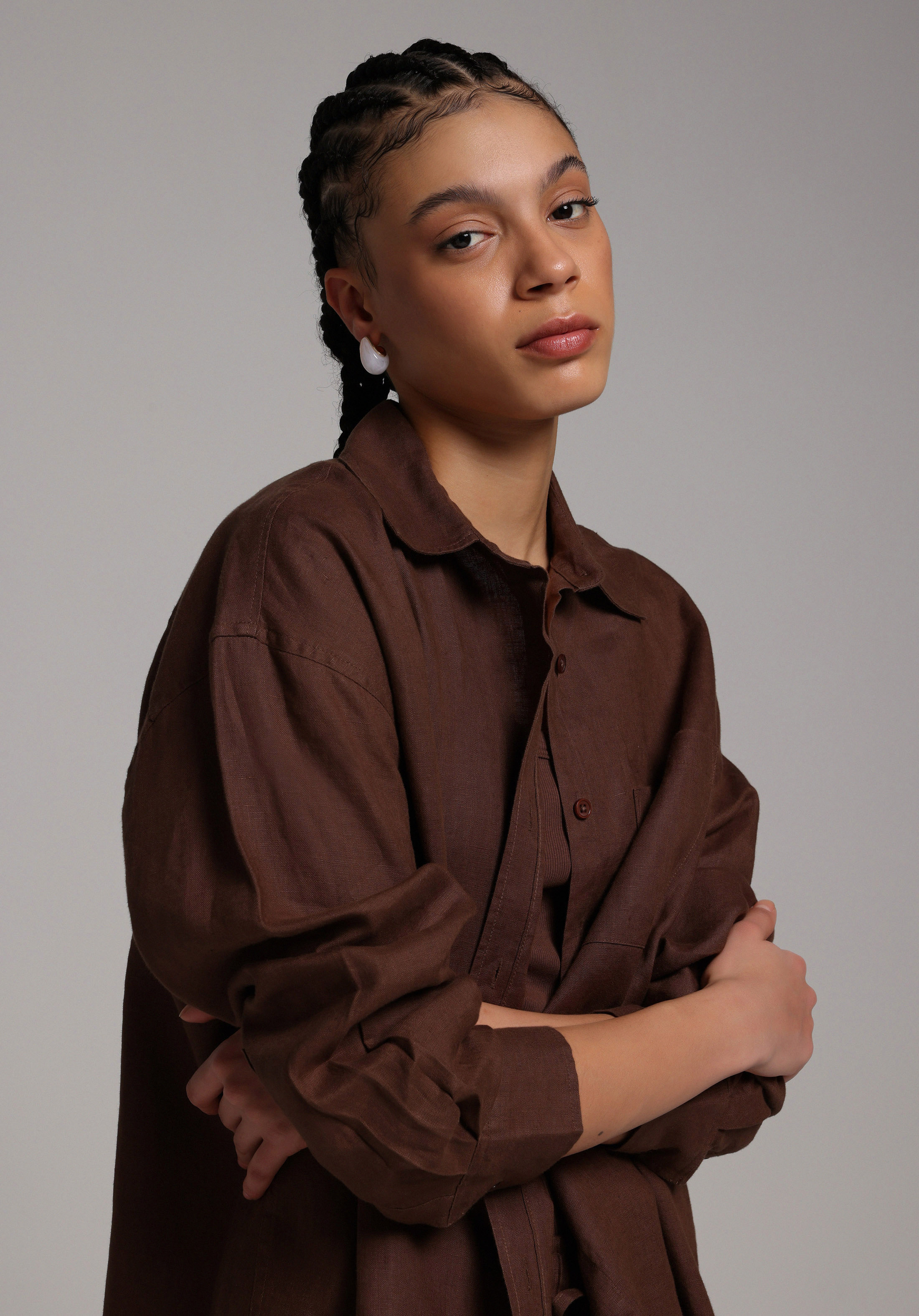 Boyfriend Fit Shirt Neck Düz Kadın Kahverengi Uzun Kol Gömlek