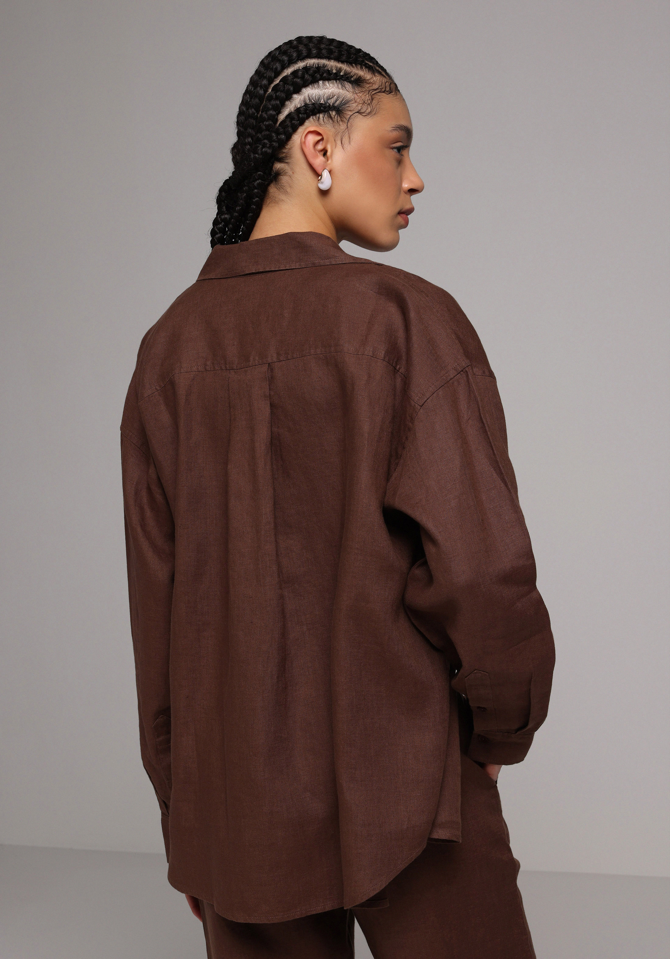 Boyfriend Fit Shirt Neck Düz Kadın Kahverengi Uzun Kol Gömlek