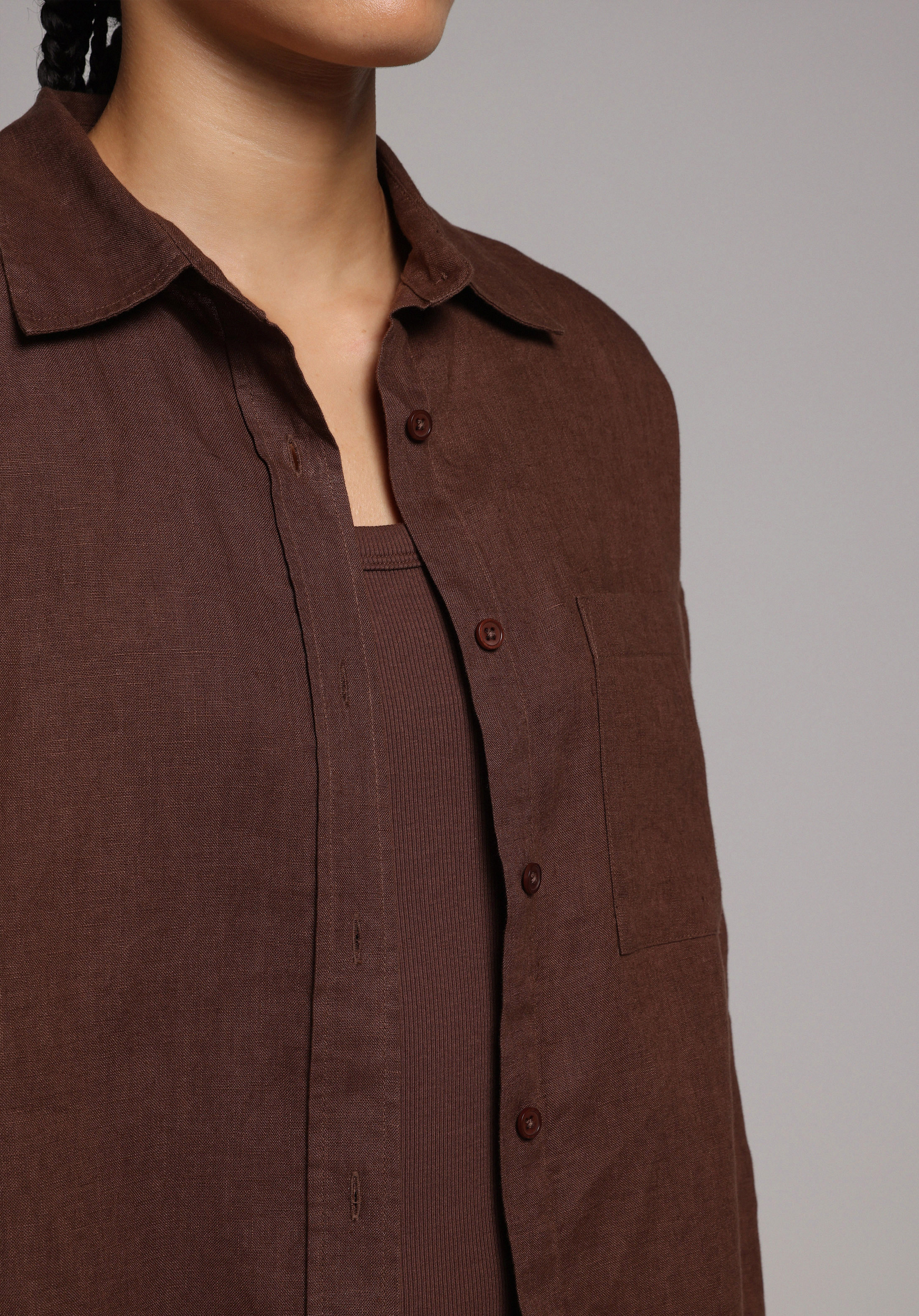 Boyfriend Fit Shirt Neck Düz Kadın Kahverengi Uzun Kol Gömlek