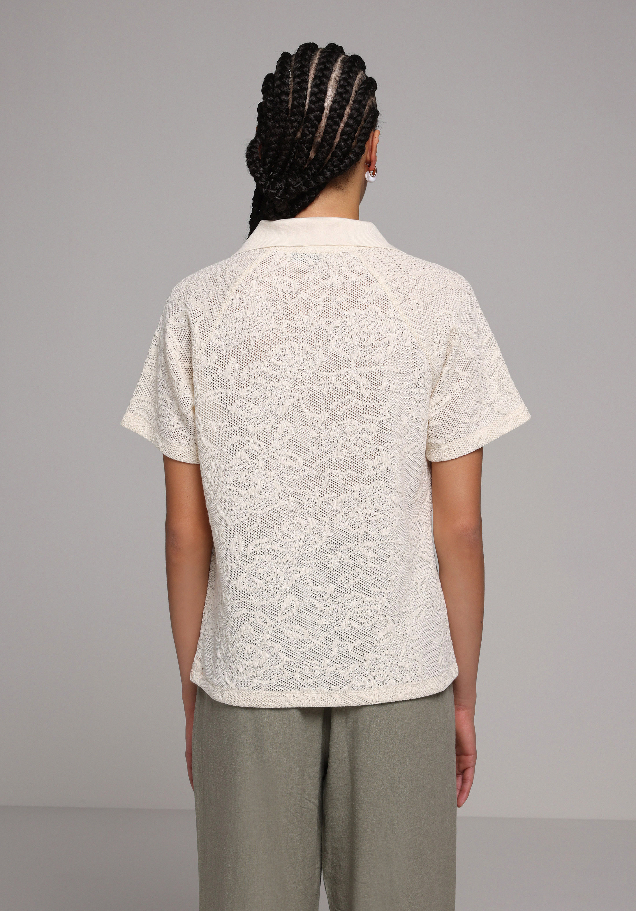 Regular Fit Polo Yaka Jakarlı Kadın Ekru Kısa Kol Tişört