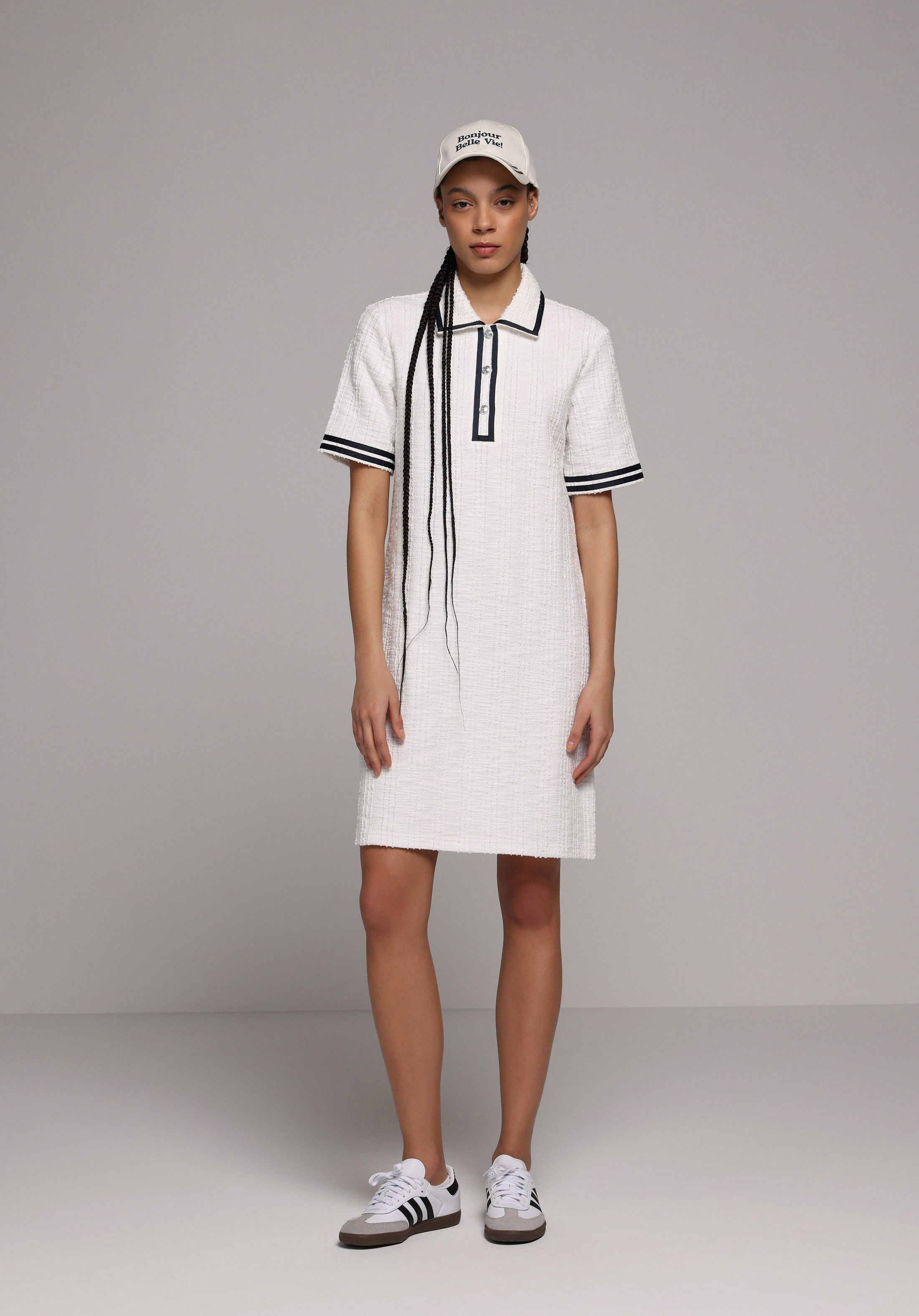 Regular Fit Jakarlı Kadın Beyaz Kısa Kol Elbise