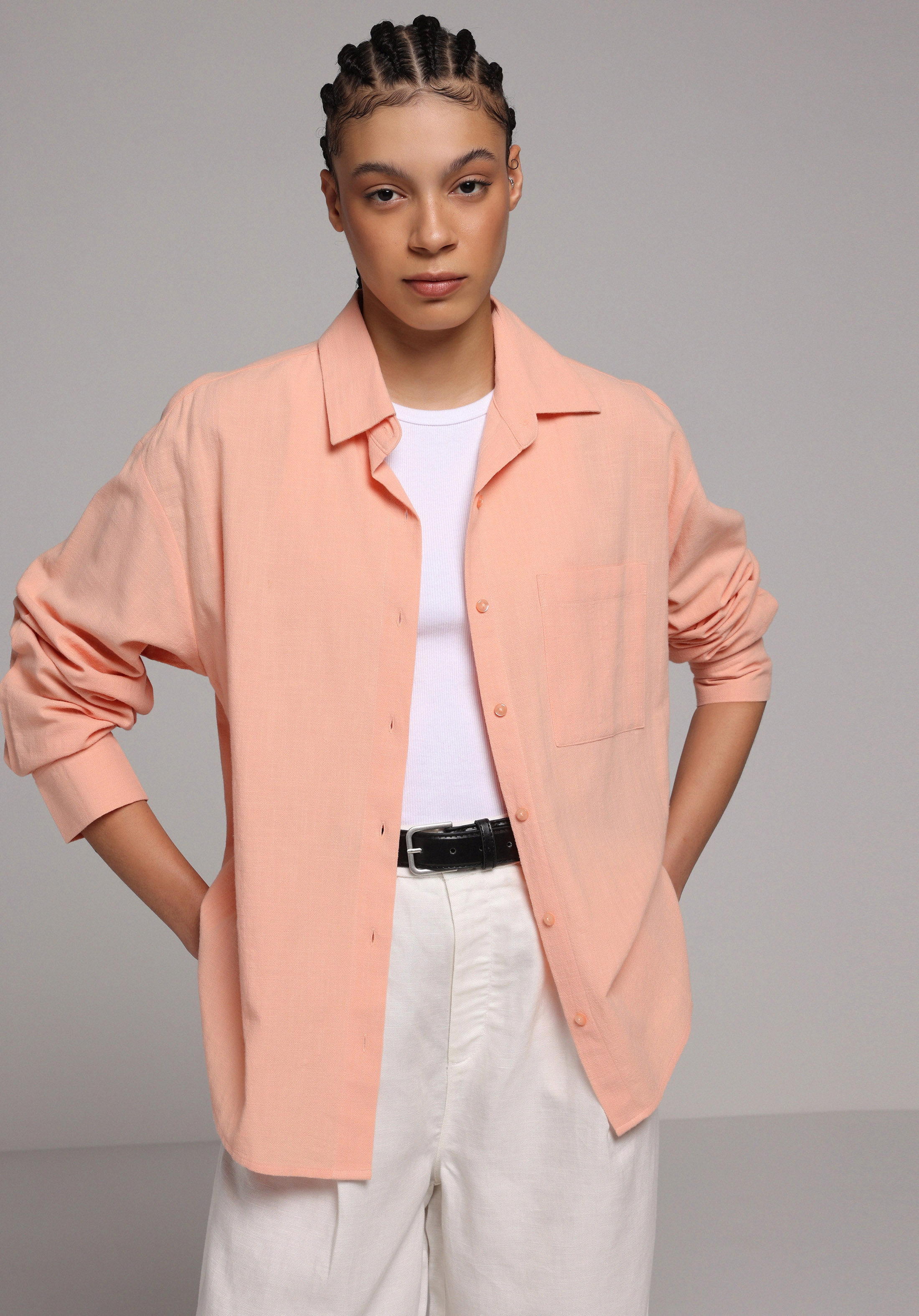 Boyfriend Fit Shirt Neck Düz Kadın Taş Uzun Kol Gömlek