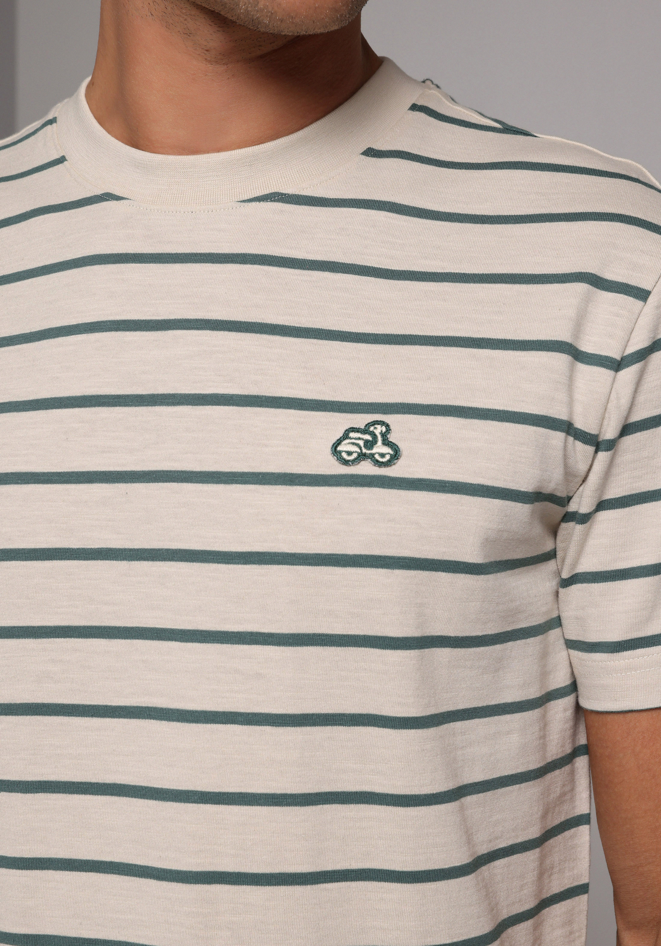 Regular Fit Yuvarlak Yaka Çizgili Erkek Bej Kısa Kol Tişört