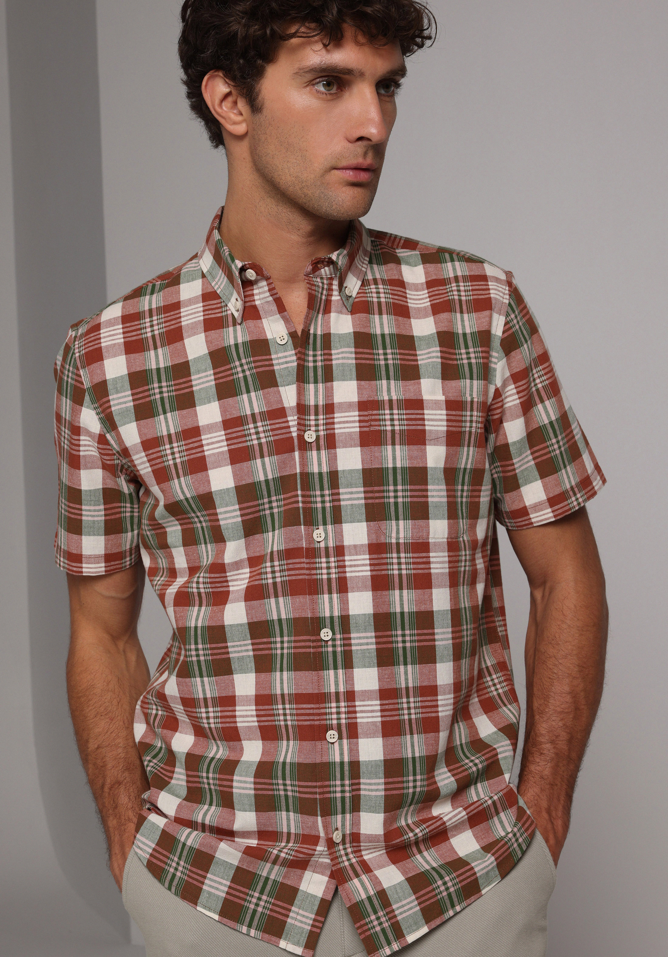 Regular Fit Shirt Neck Ekoseli Erkek Yeşil Kısa Kol Gömlek