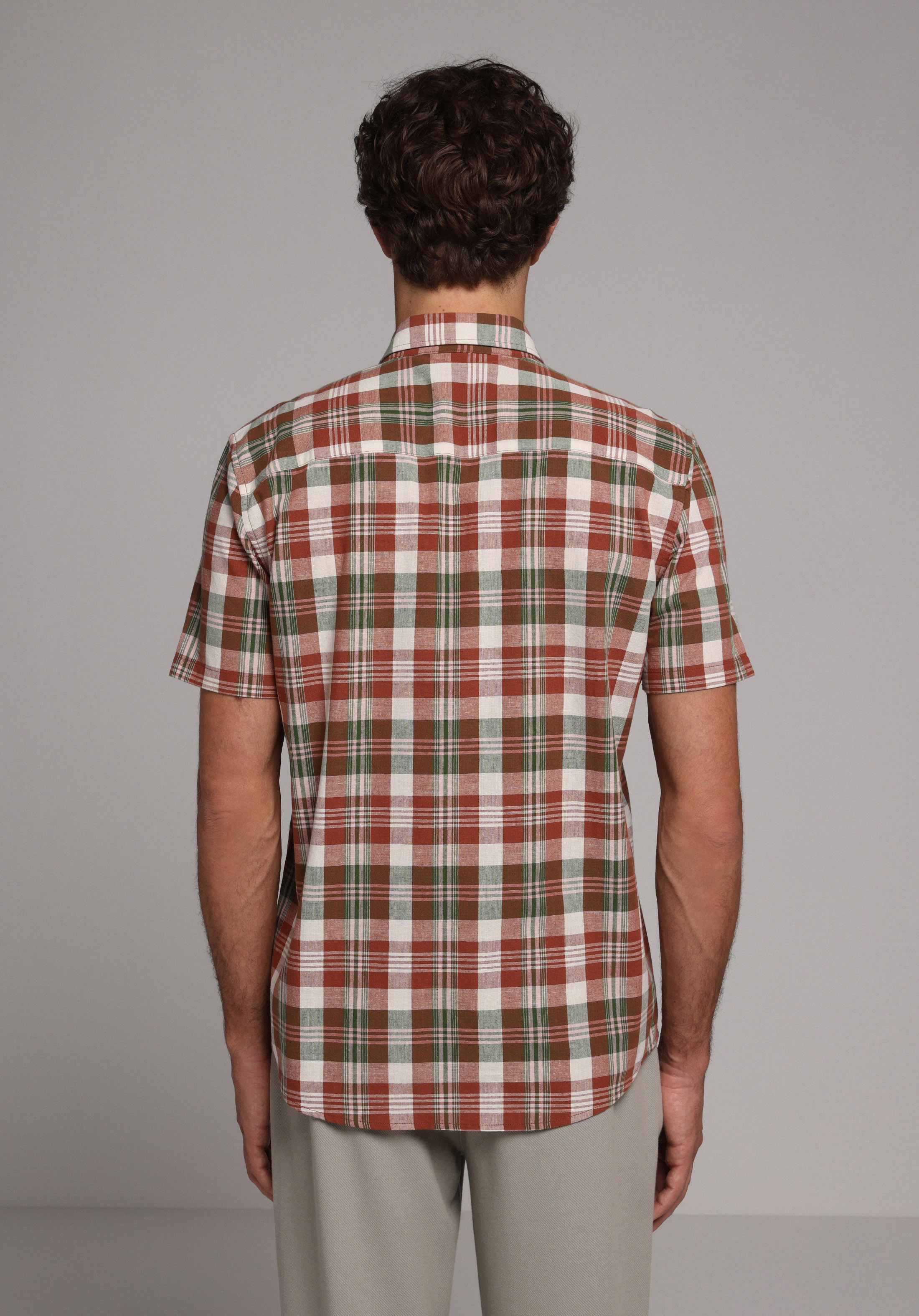 Regular Fit Shirt Neck Ekoseli Erkek Yeşil Kısa Kol Gömlek