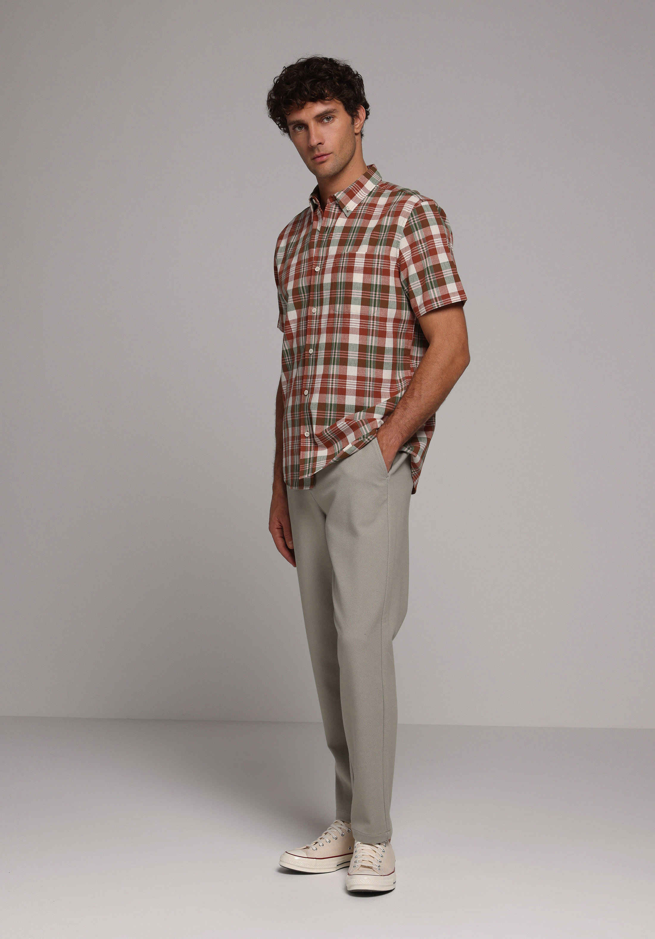 Regular Fit Shirt Neck Ekoseli Erkek Yeşil Kısa Kol Gömlek