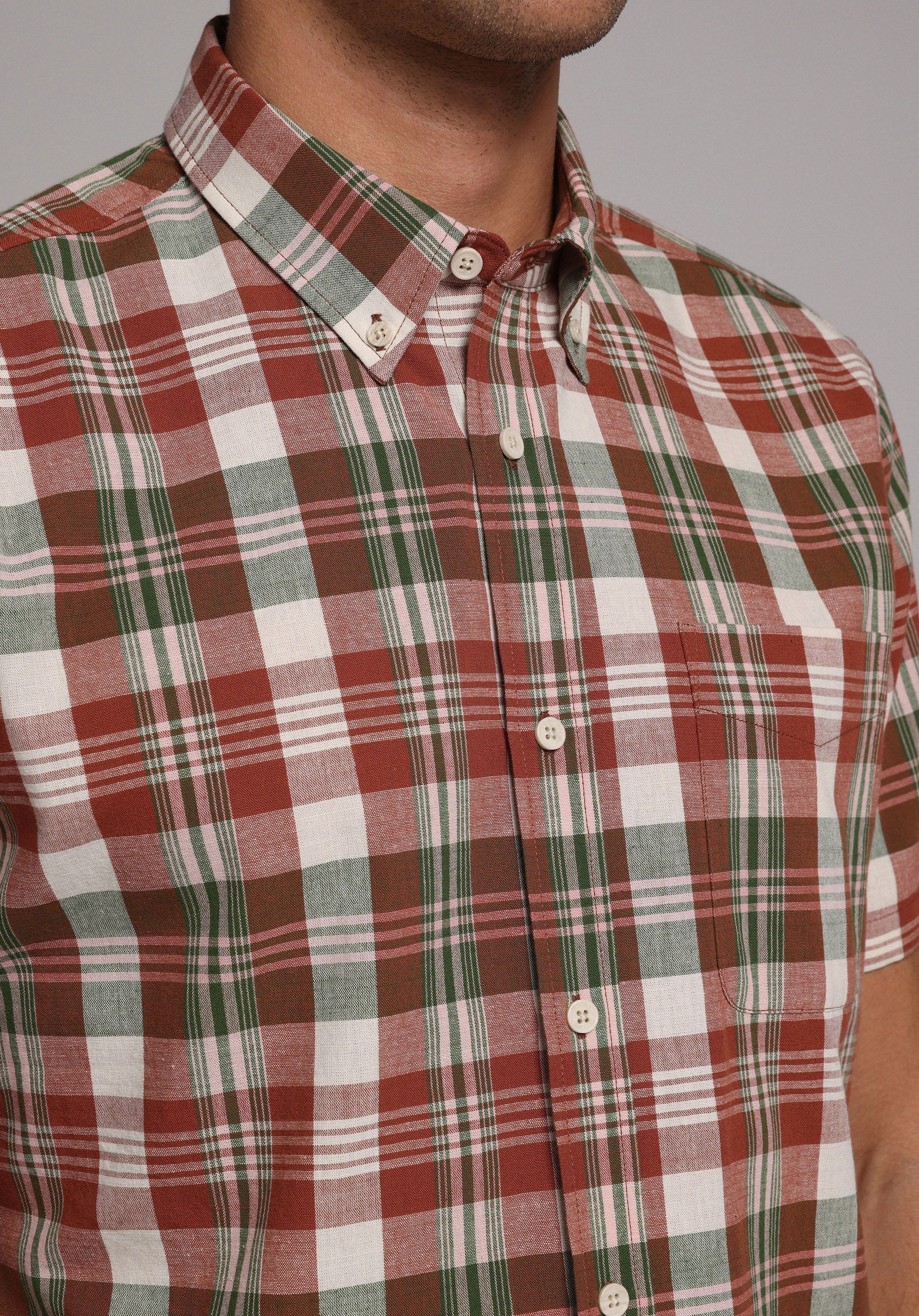 Regular Fit Shirt Neck Ekoseli Erkek Yeşil Kısa Kol Gömlek