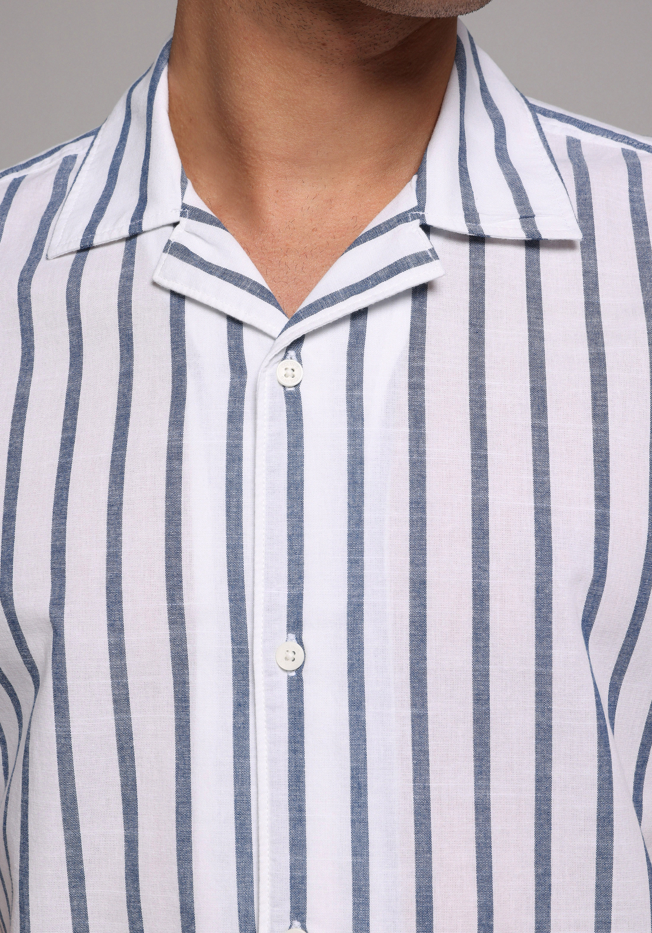 Regular Fit Shirt Neck Çizgili Erkek Mavi Kısa Kol Gömlek