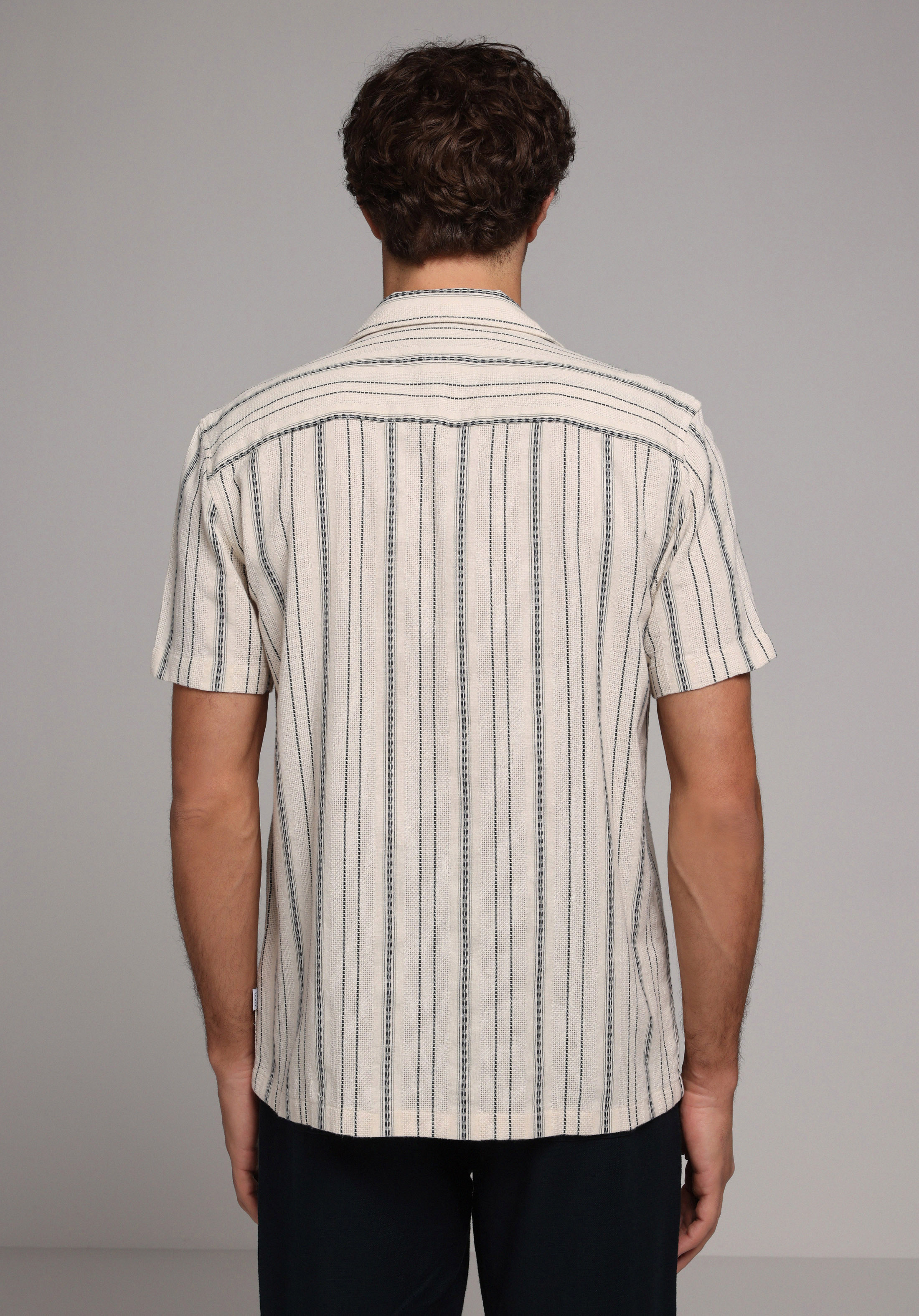 Regular Fit Shirt Neck Çizgili Erkek Yeşil Kısa Kol Gömlek