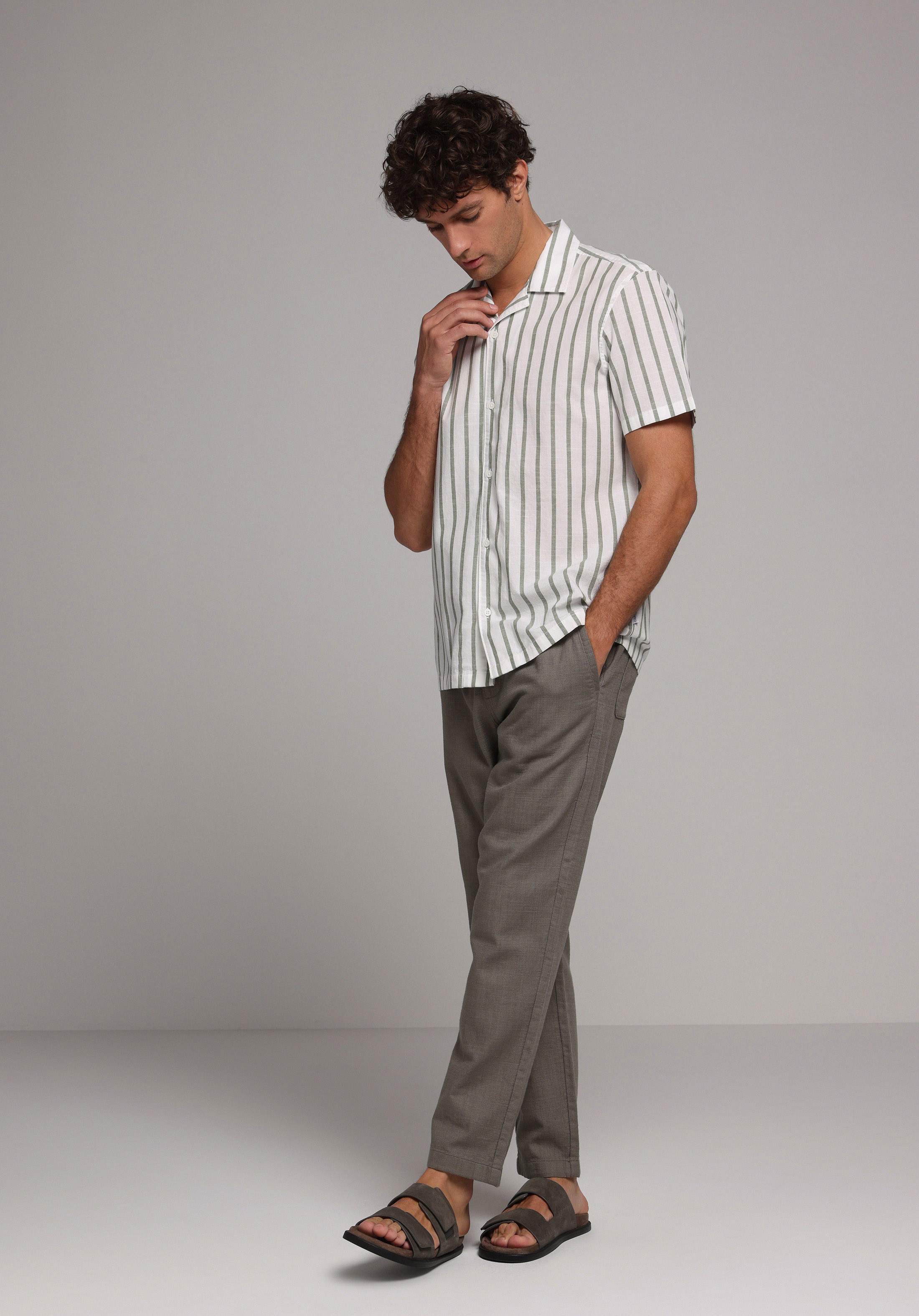 Regular Fit Shirt Neck Çizgili Erkek Yeşil Kısa Kol Gömlek