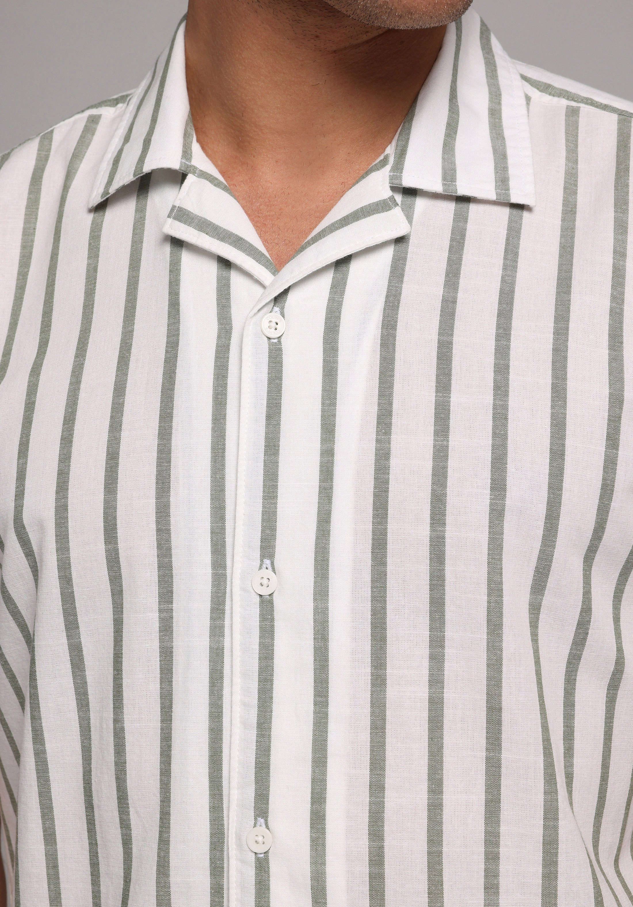 Regular Fit Shirt Neck Çizgili Erkek Yeşil Kısa Kol Gömlek