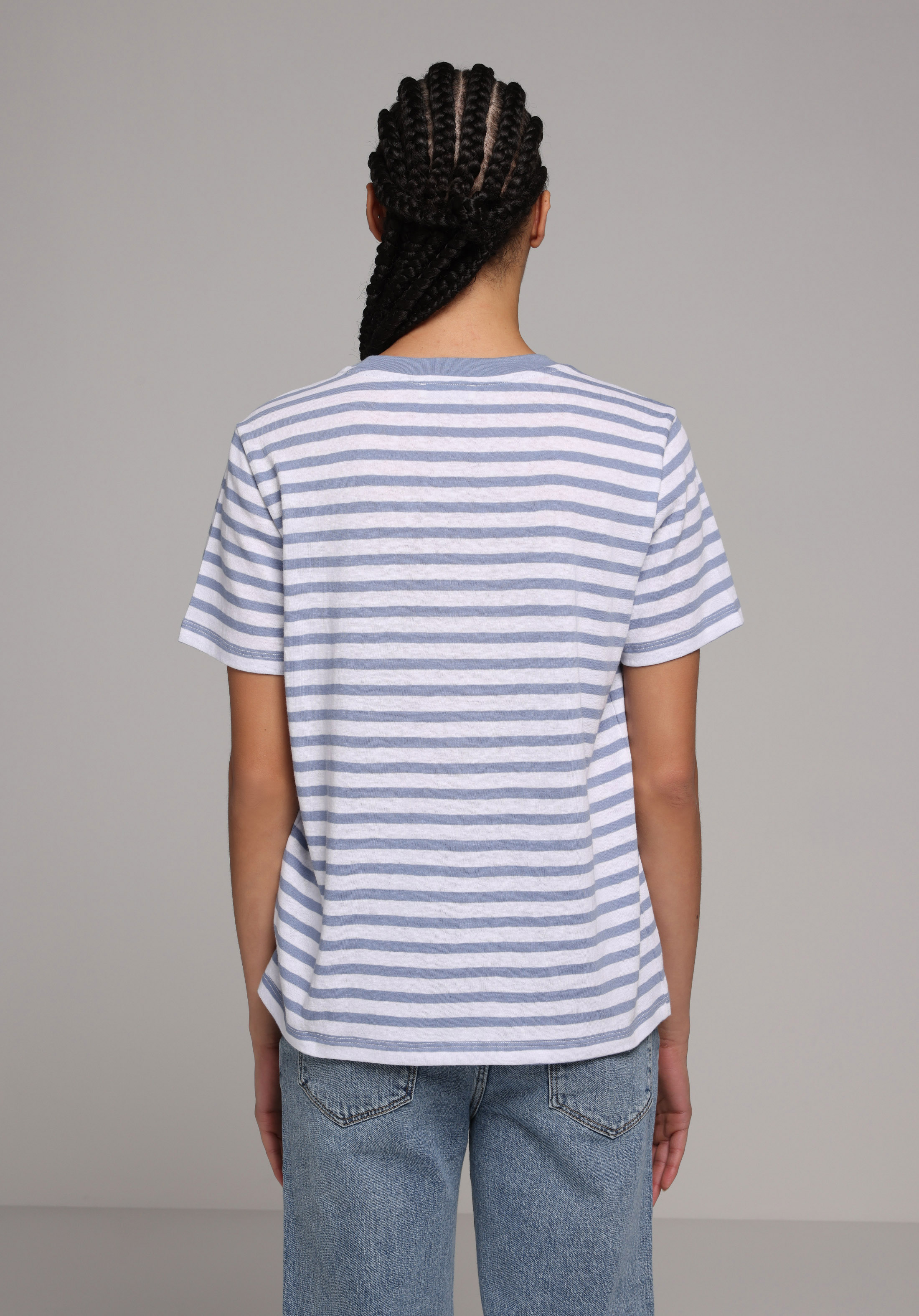 Regular Fit Yuvarlak Yaka Çizgili Kadın Mavi Kısa Kol Tişört