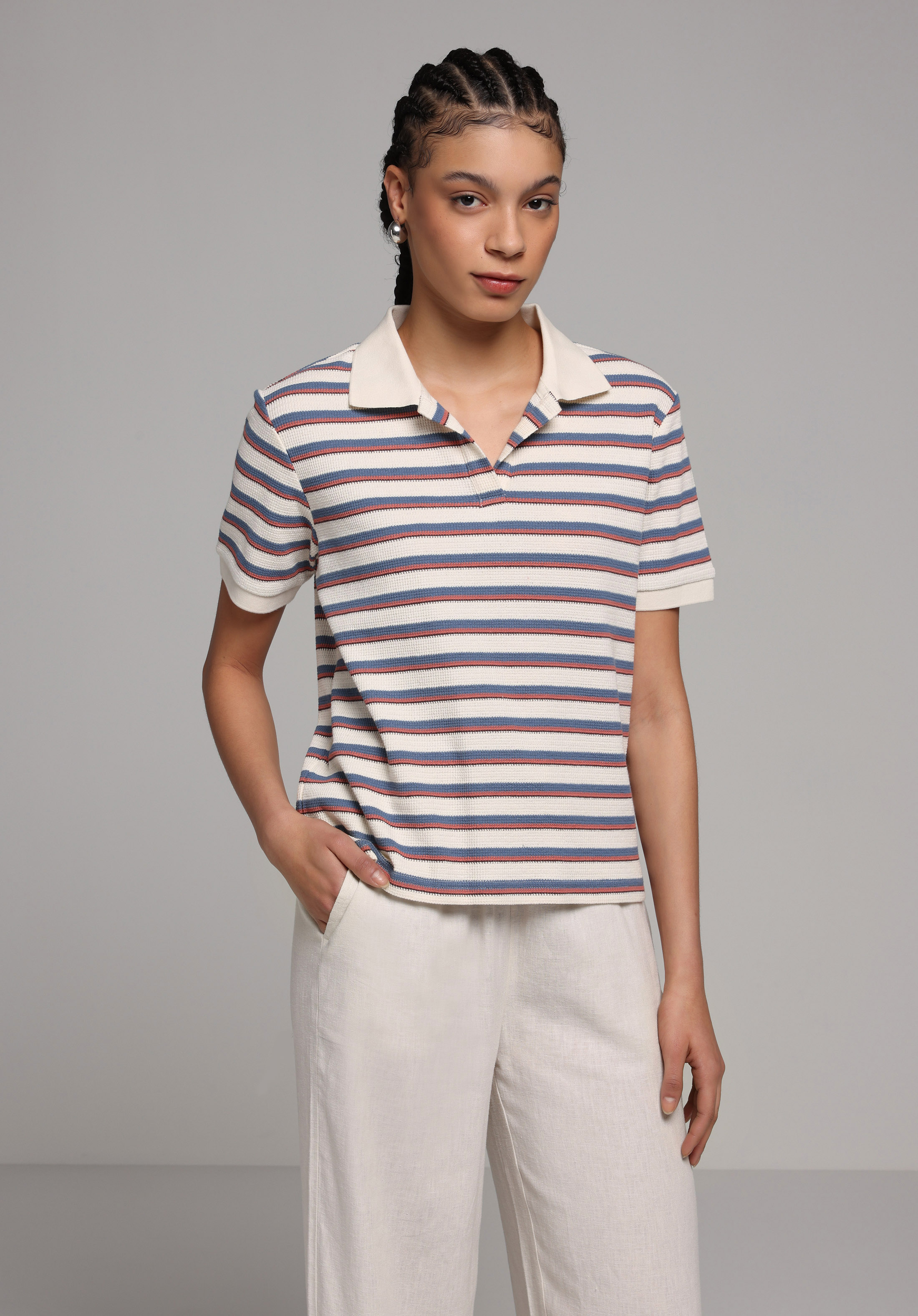 Regular Fit Polo Yaka Çizgili Kadın Çok Renkli Kısa Kol Tişört