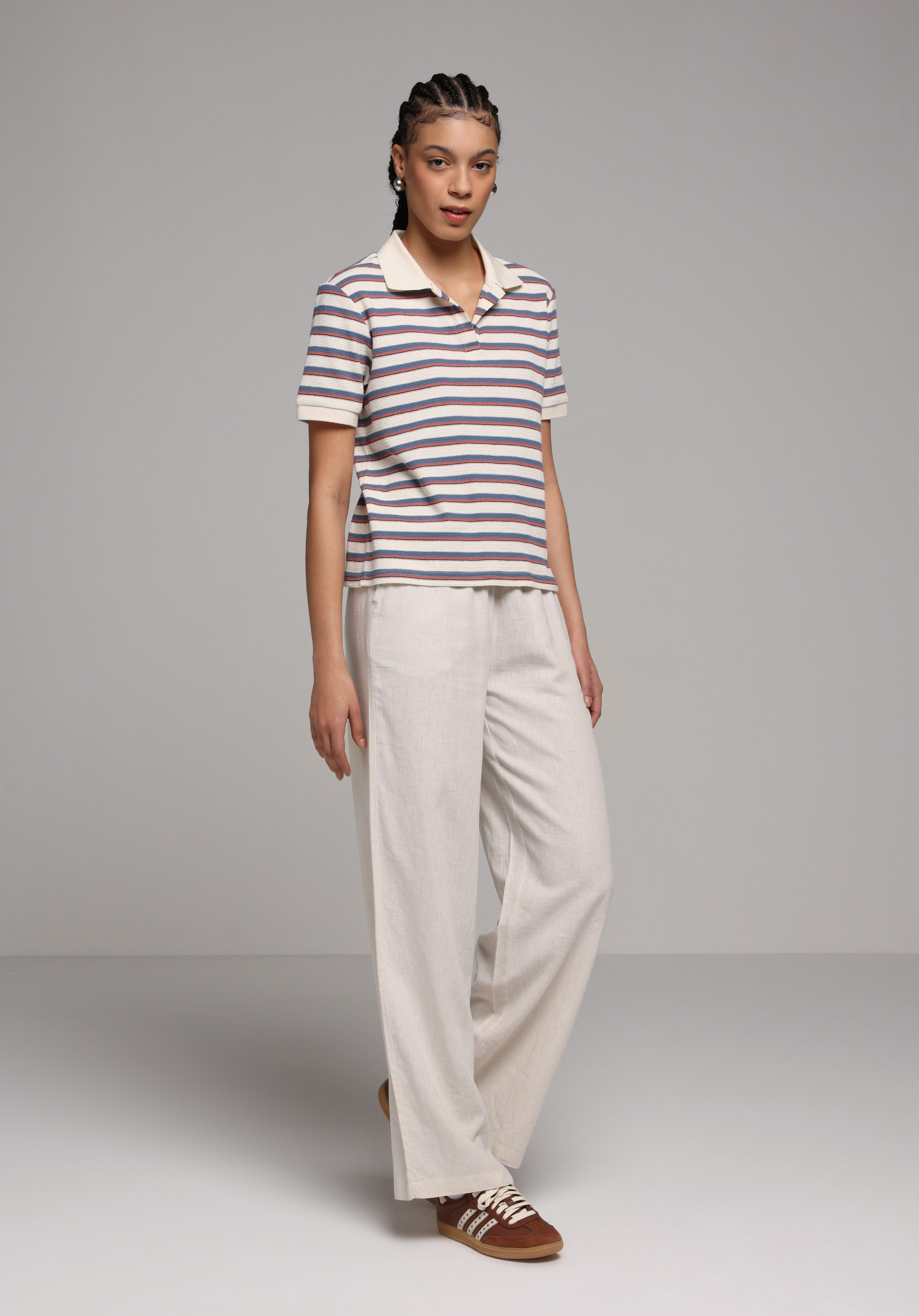 Regular Fit Polo Yaka Çizgili Kadın Çok Renkli Kısa Kol Tişört