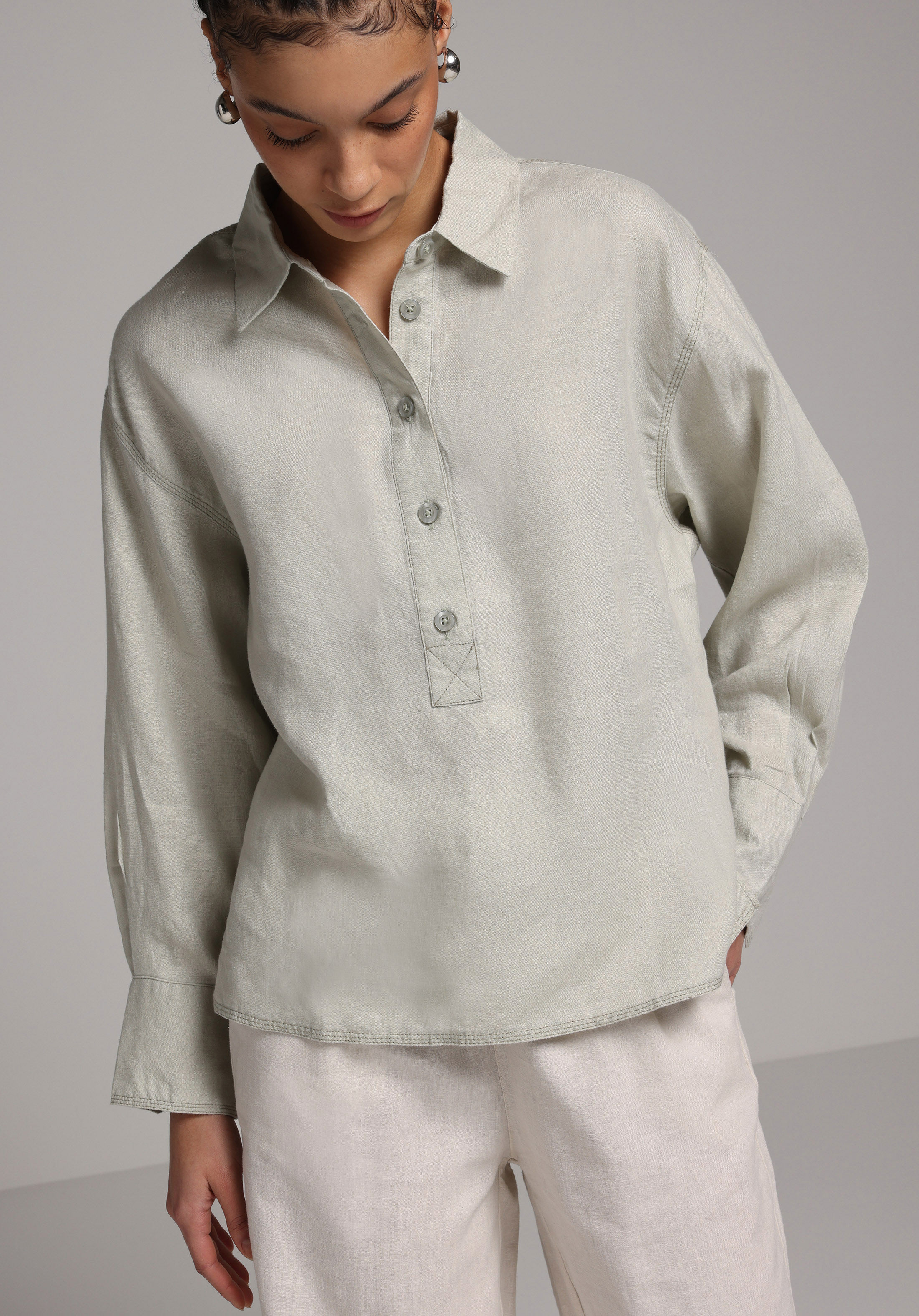 Fashion Fit Shirt Neck Düz Kadın Yeşil Uzun Kol Gömlek