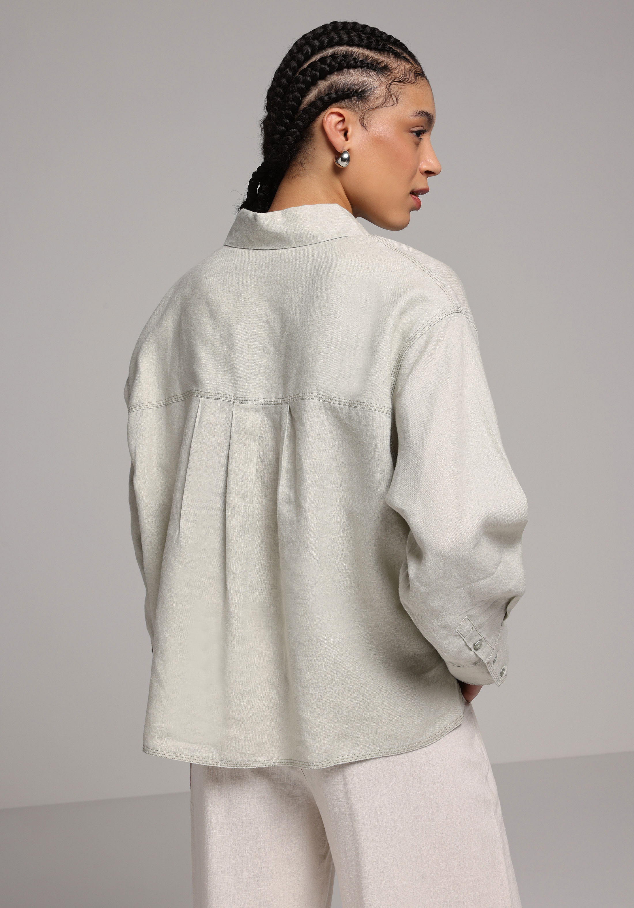 Fashion Fit Shirt Neck Düz Kadın Yeşil Uzun Kol Gömlek