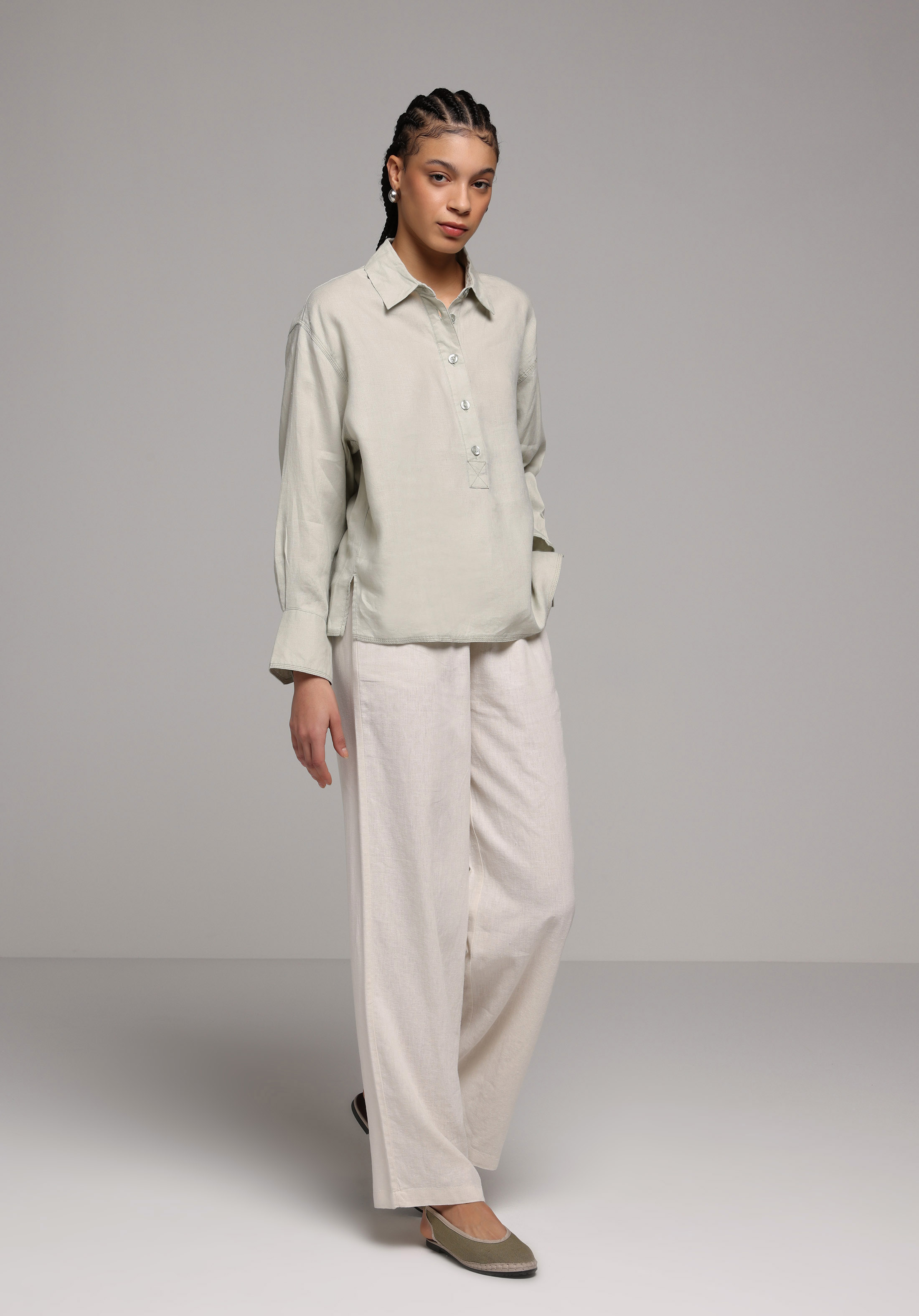 Fashion Fit Shirt Neck Düz Kadın Yeşil Uzun Kol Gömlek