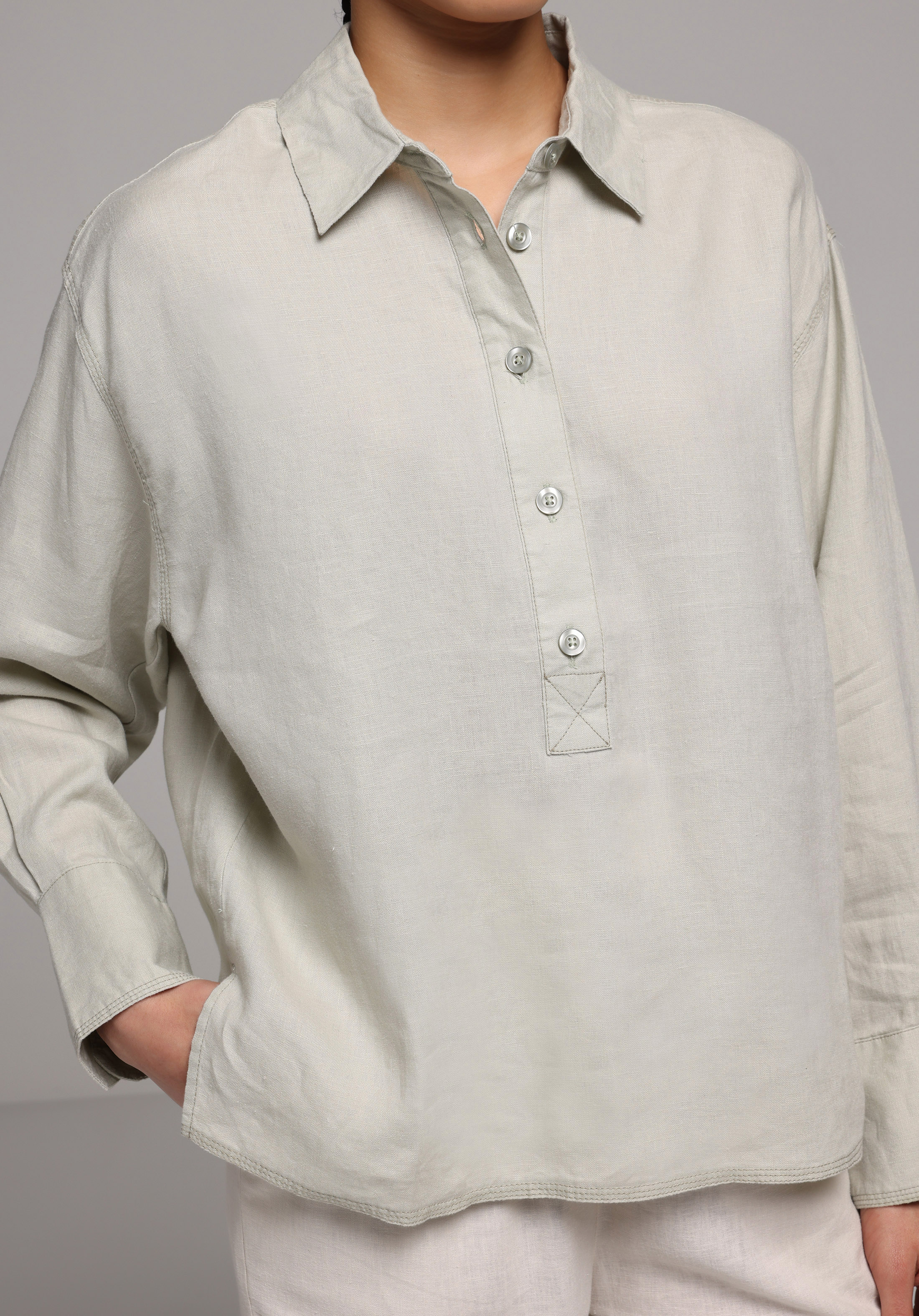 Fashion Fit Shirt Neck Düz Kadın Yeşil Uzun Kol Gömlek