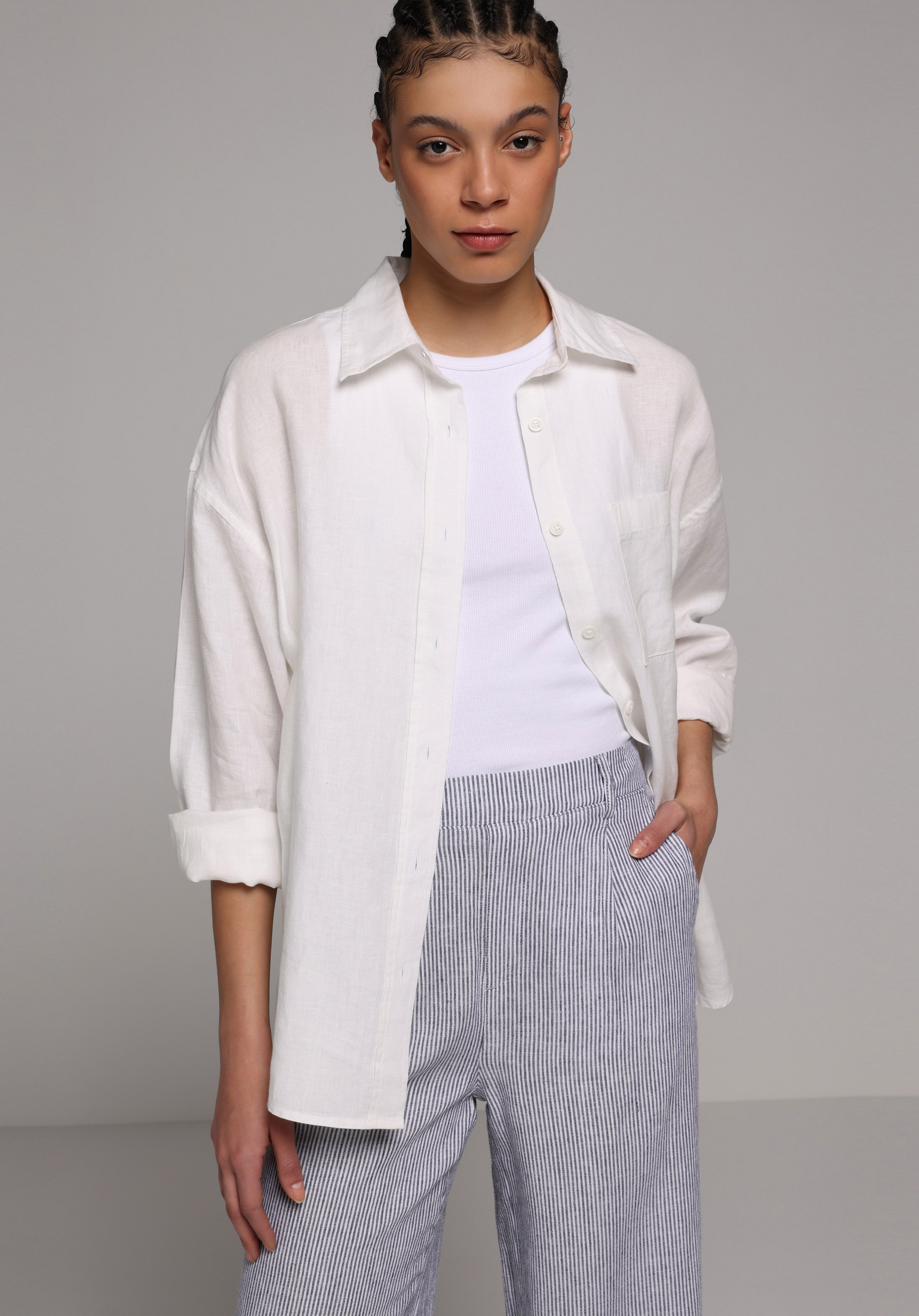 Boyfriend Fit Shirt Neck Düz Kadın Beyaz Uzun Kol Gömlek