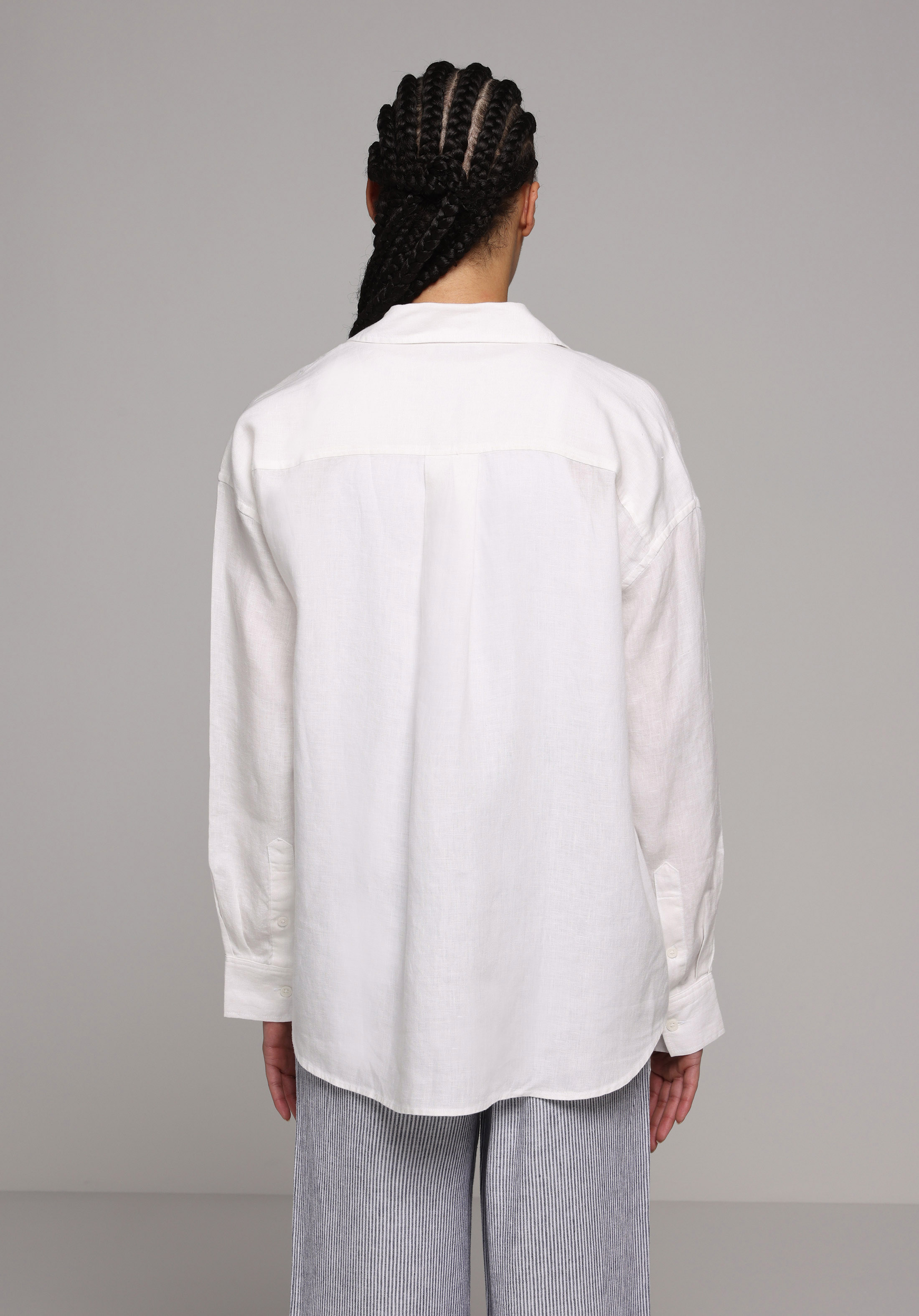 Boyfriend Fit Shirt Neck Düz Kadın Beyaz Uzun Kol Gömlek