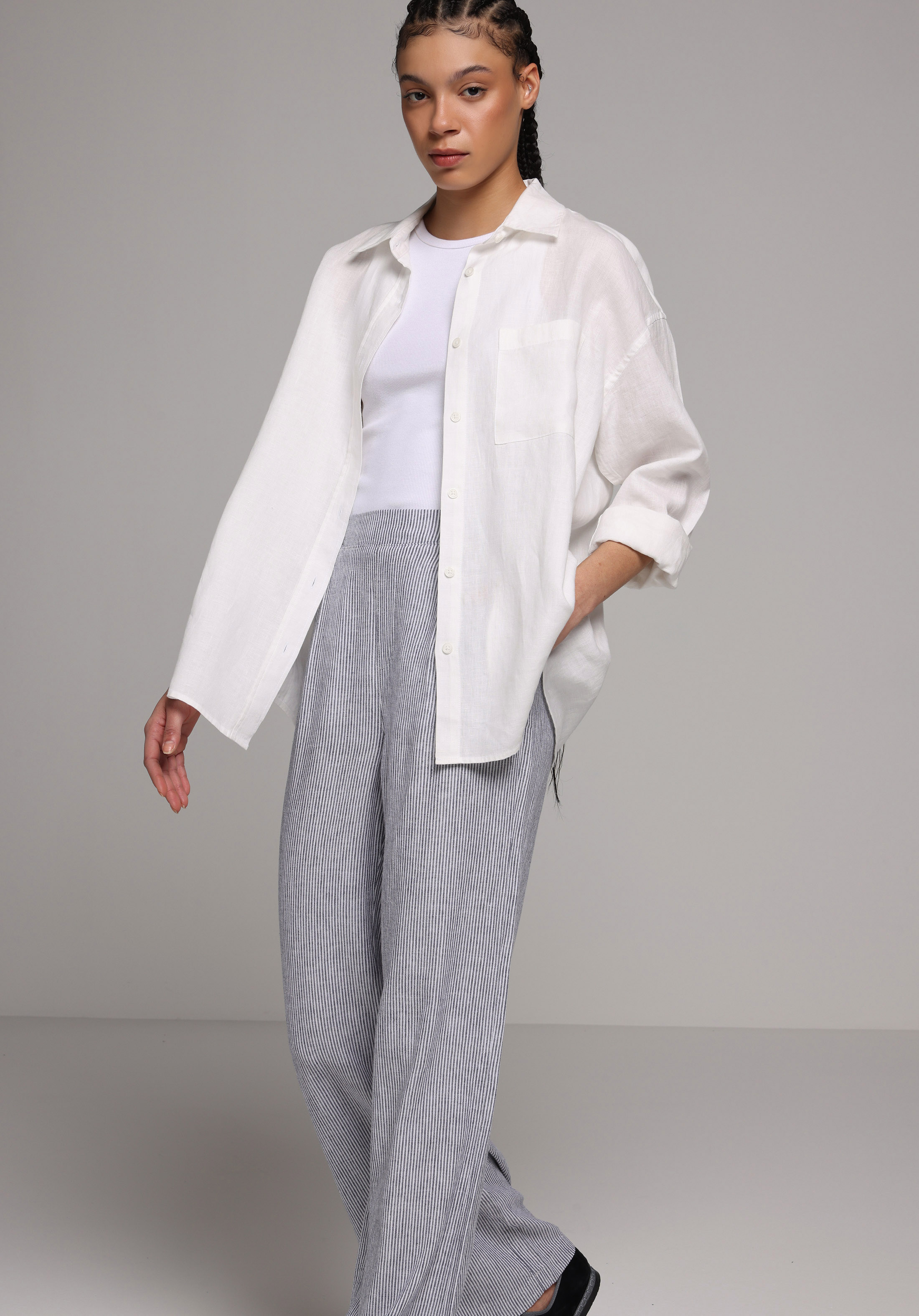 Boyfriend Fit Shirt Neck Düz Kadın Beyaz Uzun Kol Gömlek