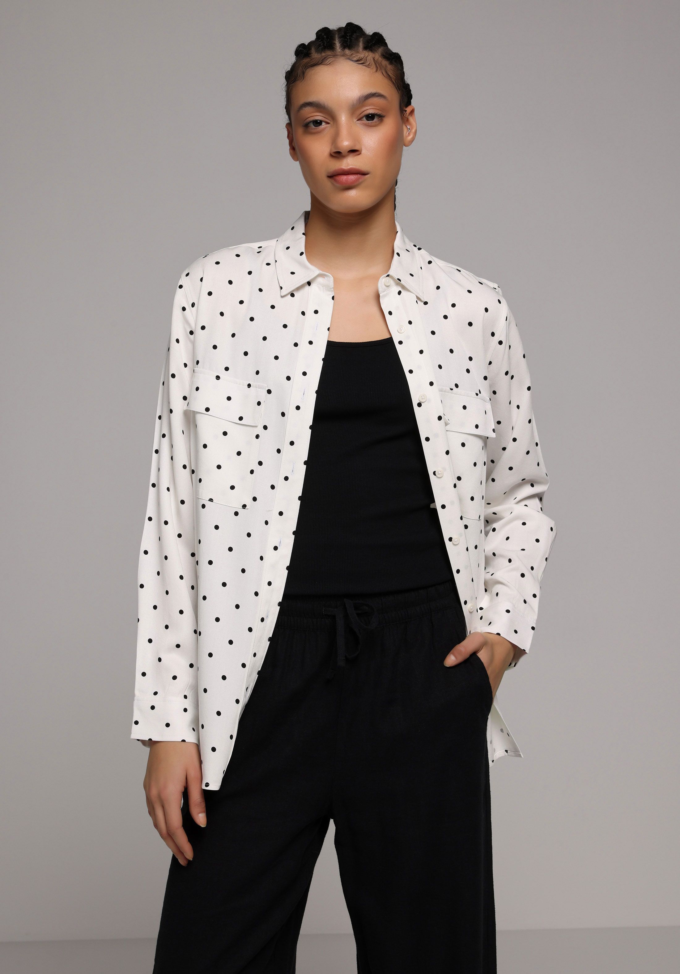 Regular Fit Shirt Neck Puantiyeli Kadın Ekru Uzun Kol Gömlek