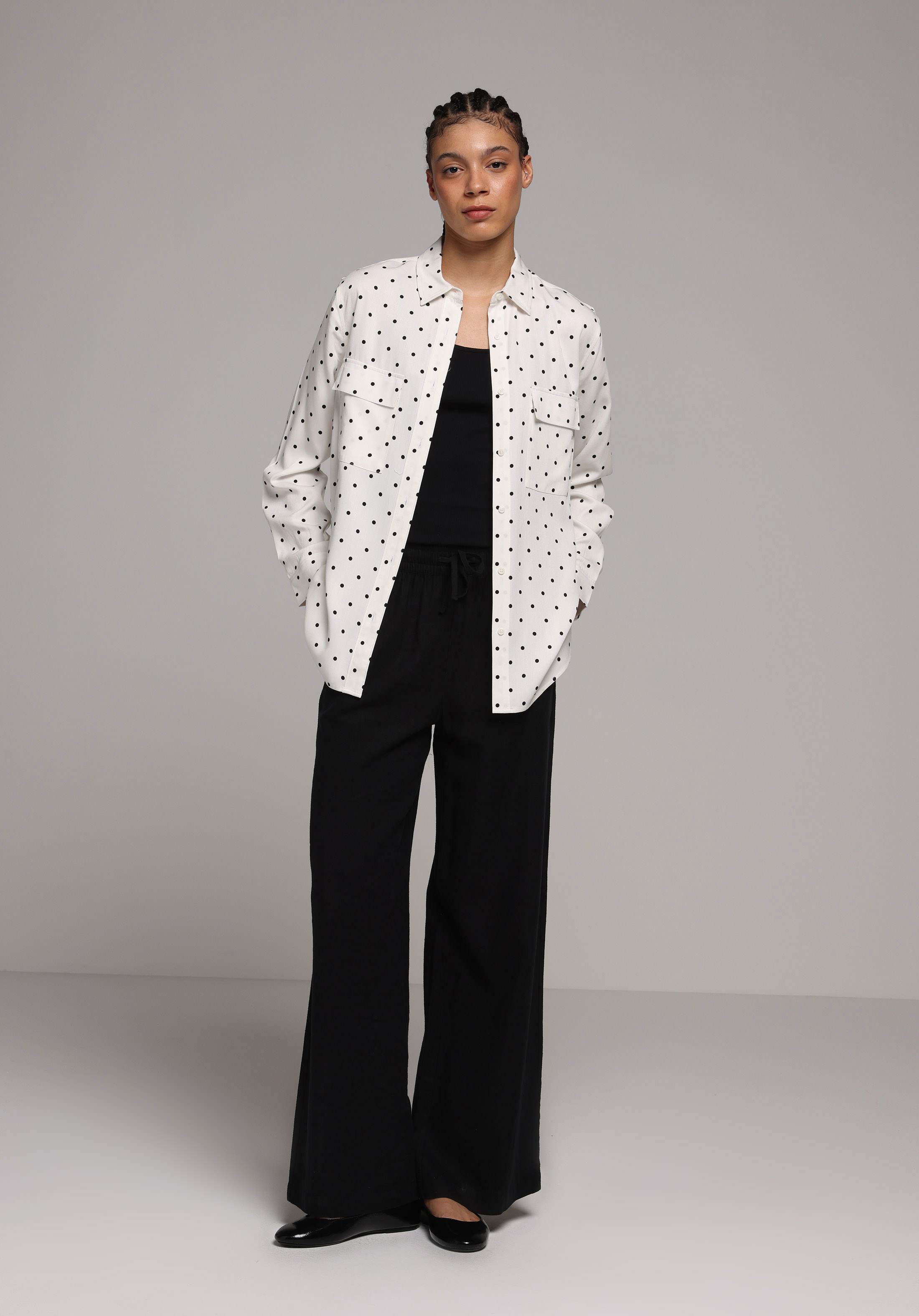 Regular Fit Shirt Neck Puantiyeli Kadın Ekru Uzun Kol Gömlek