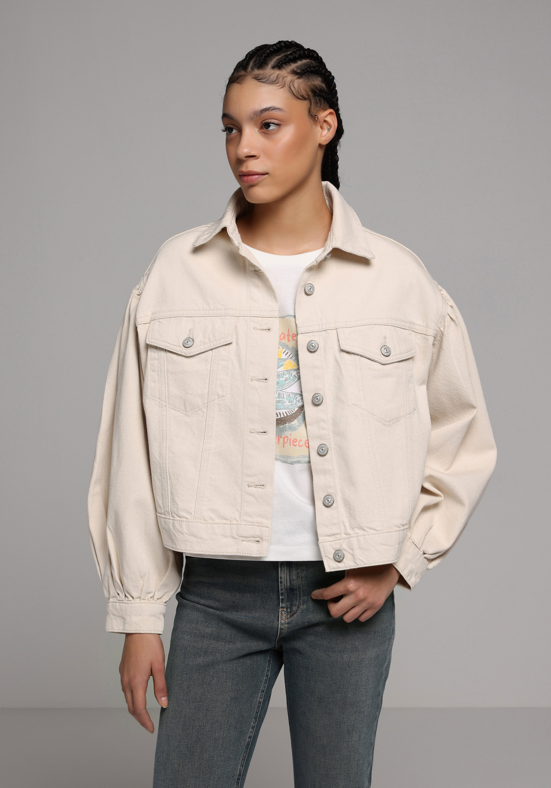 Oversize Fit Düğmeli Astarsız  Kadın Ecru Denim Ceket