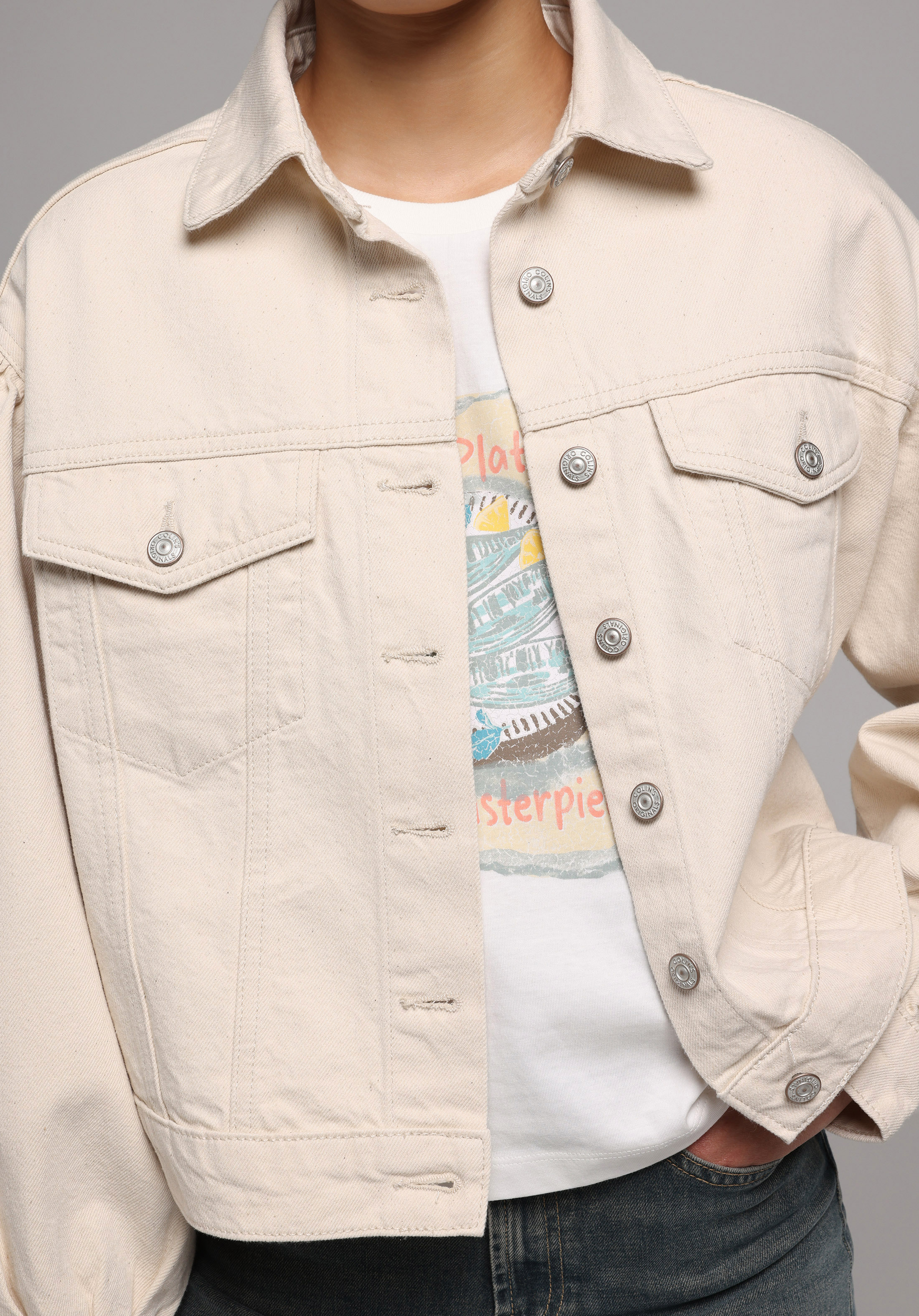 Oversize Fit Düğmeli Astarsız  Kadın Ecru Denim Ceket