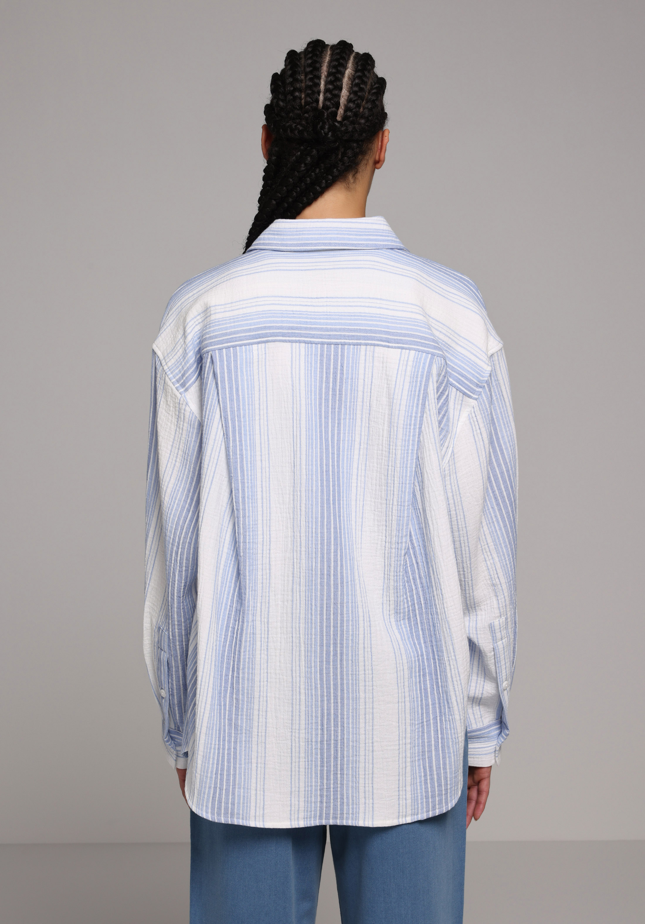 Oversize Shirt Neck Çizgili Kadın Mavi Uzun Kol Gömlek