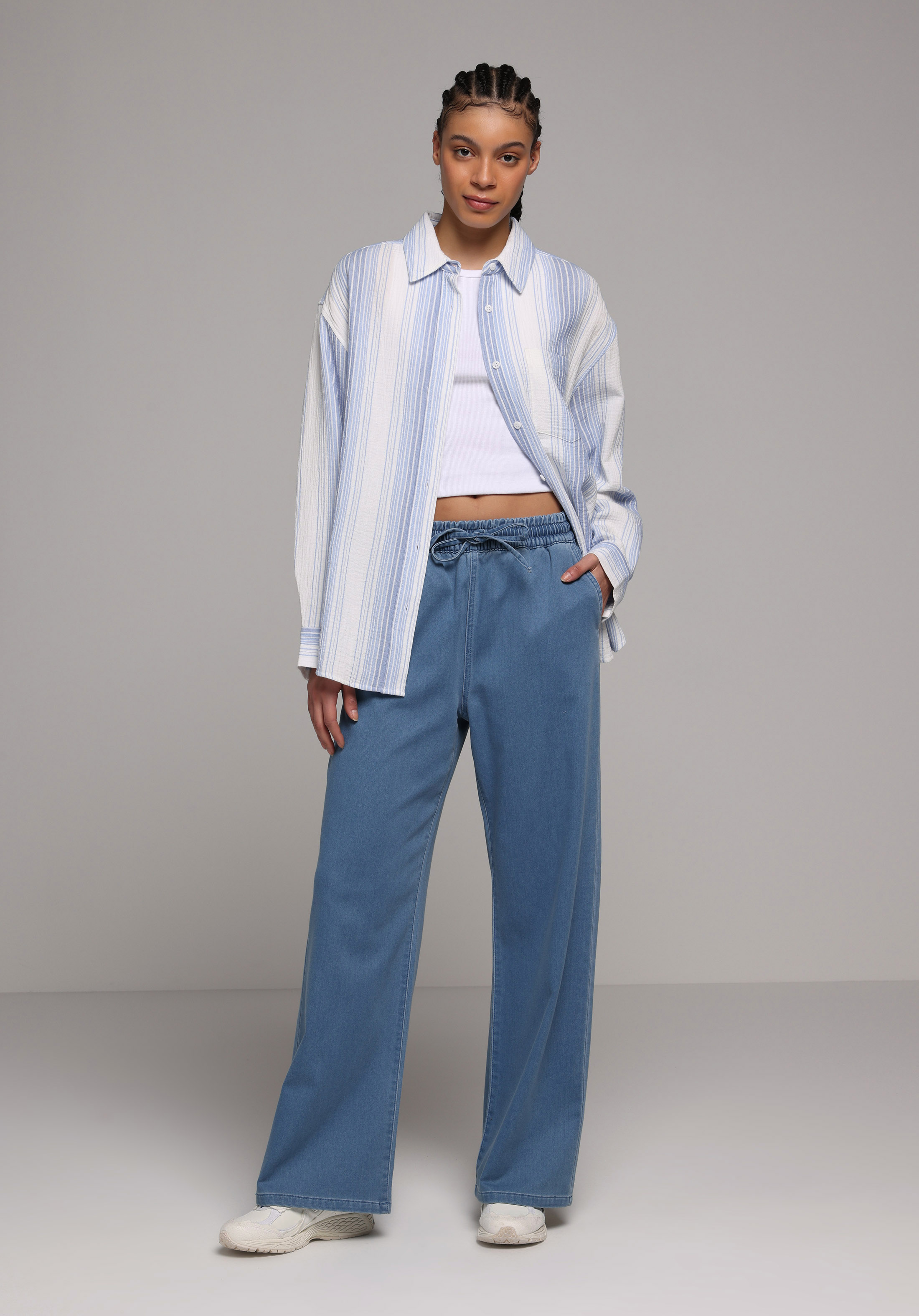 Oversize Shirt Neck Çizgili Kadın Mavi Uzun Kol Gömlek