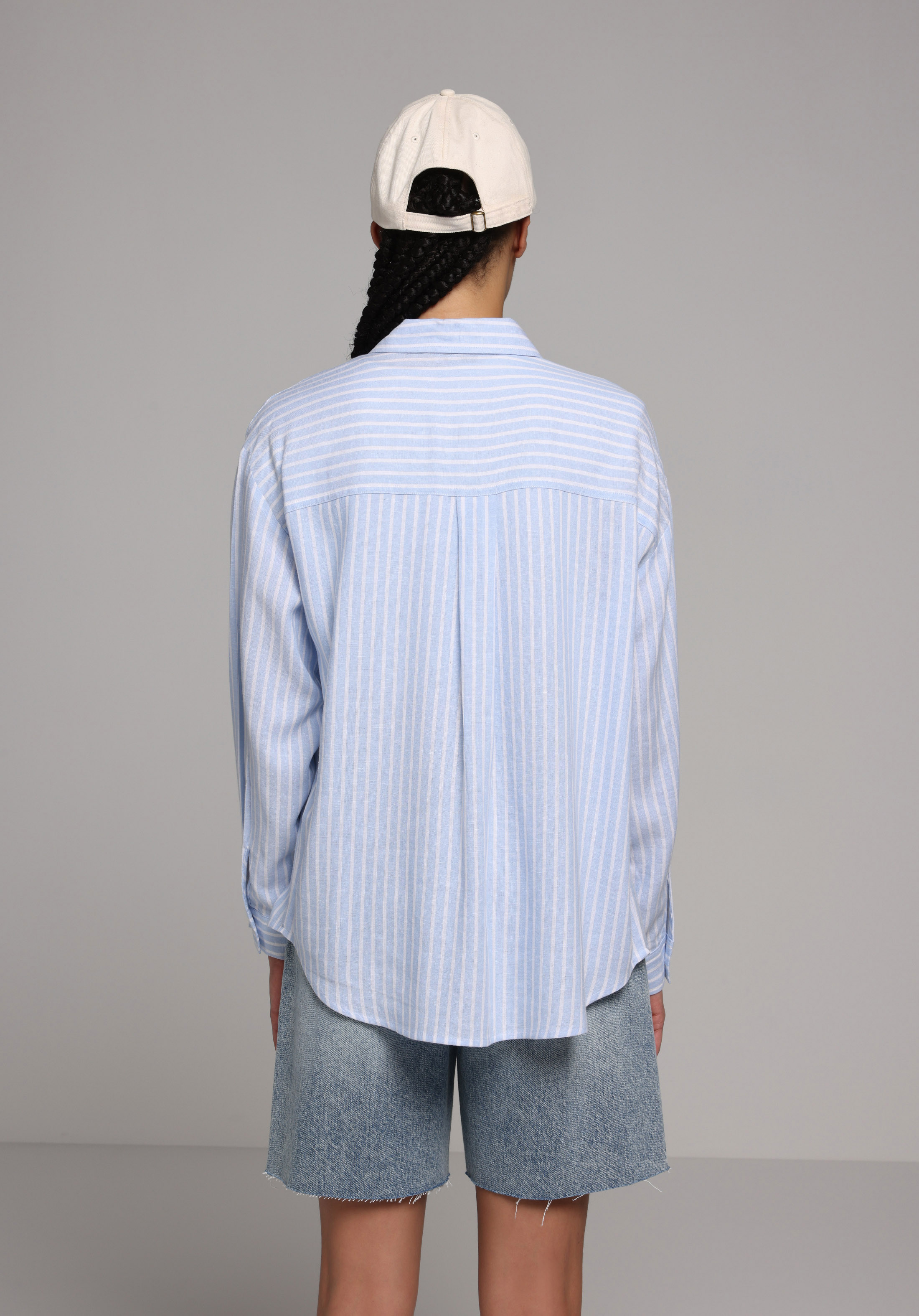 Boyfriend Fit Shirt Neck Çizgili Kadın Mavi Uzun Kol Gömlek