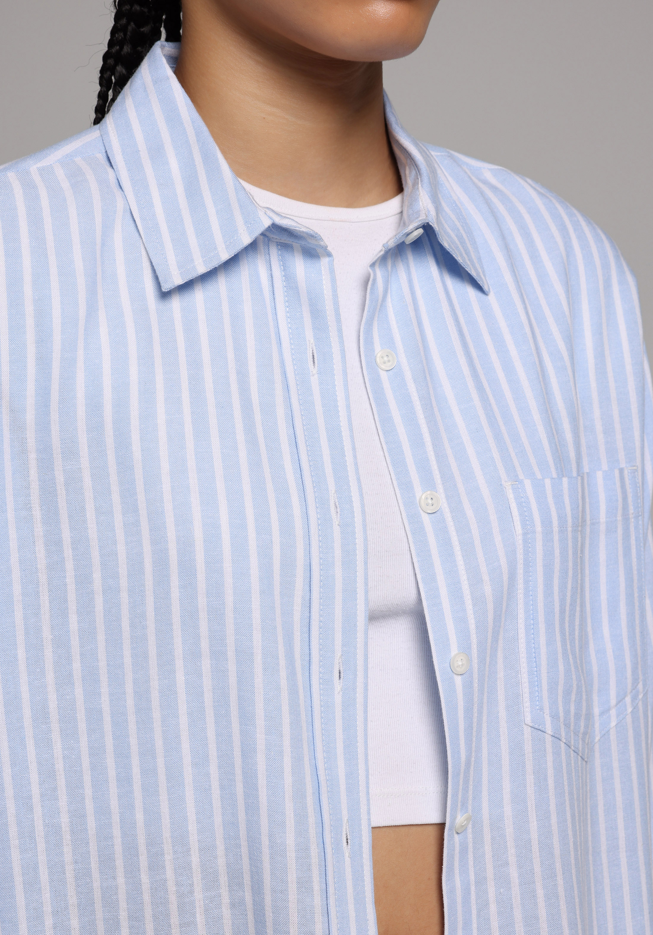 Boyfriend Fit Shirt Neck Çizgili Kadın Mavi Uzun Kol Gömlek