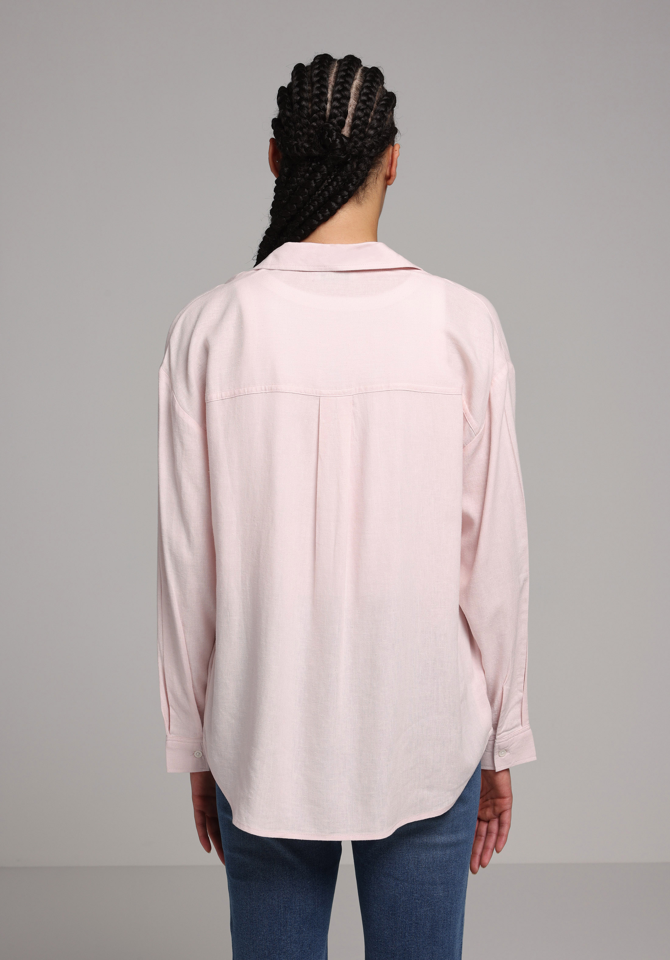 Boyfriend Fit Shirt Neck Düz Kadın Pembe Uzun Kol Gömlek