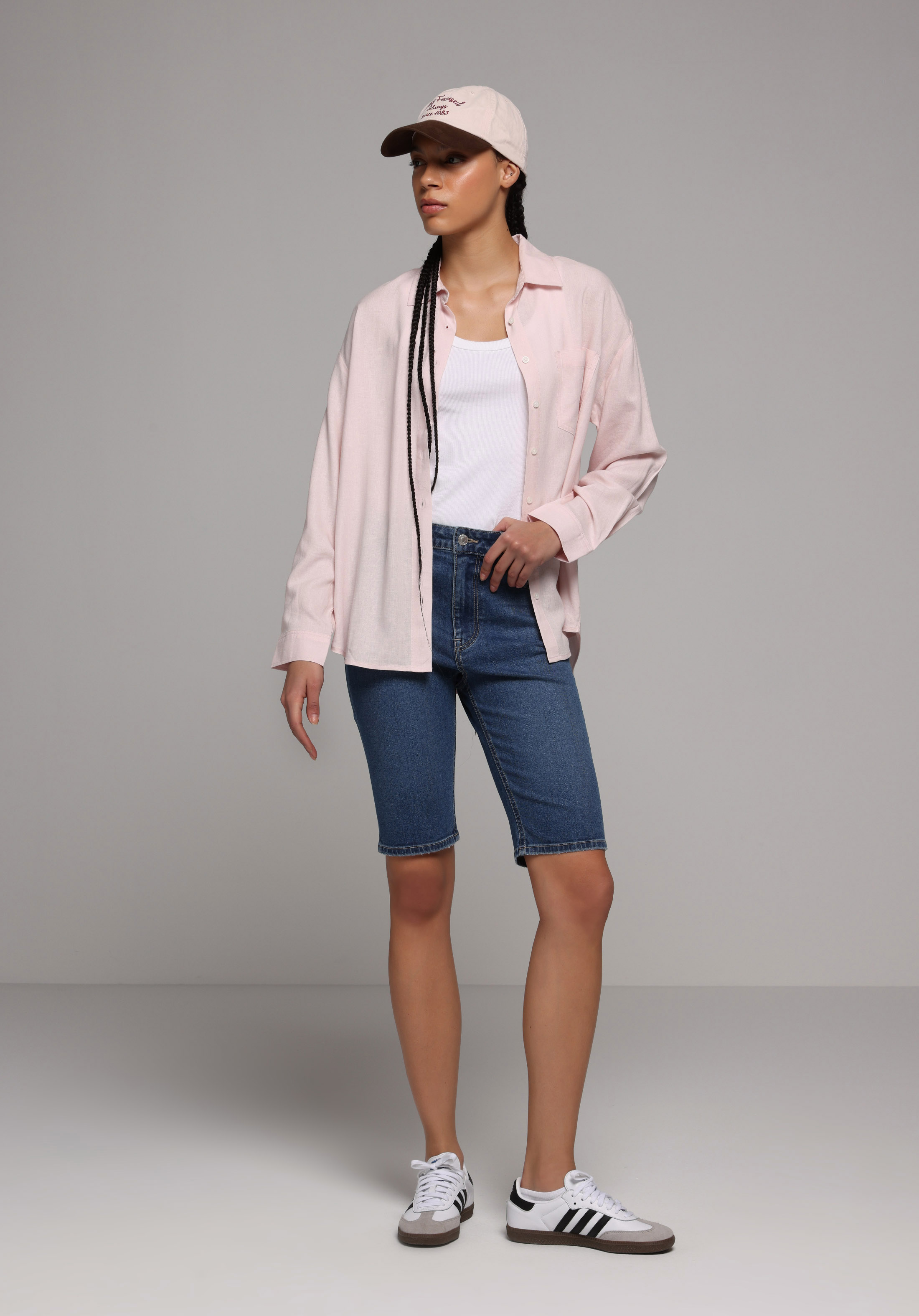 Boyfriend Fit Shirt Neck Düz Kadın Pembe Uzun Kol Gömlek