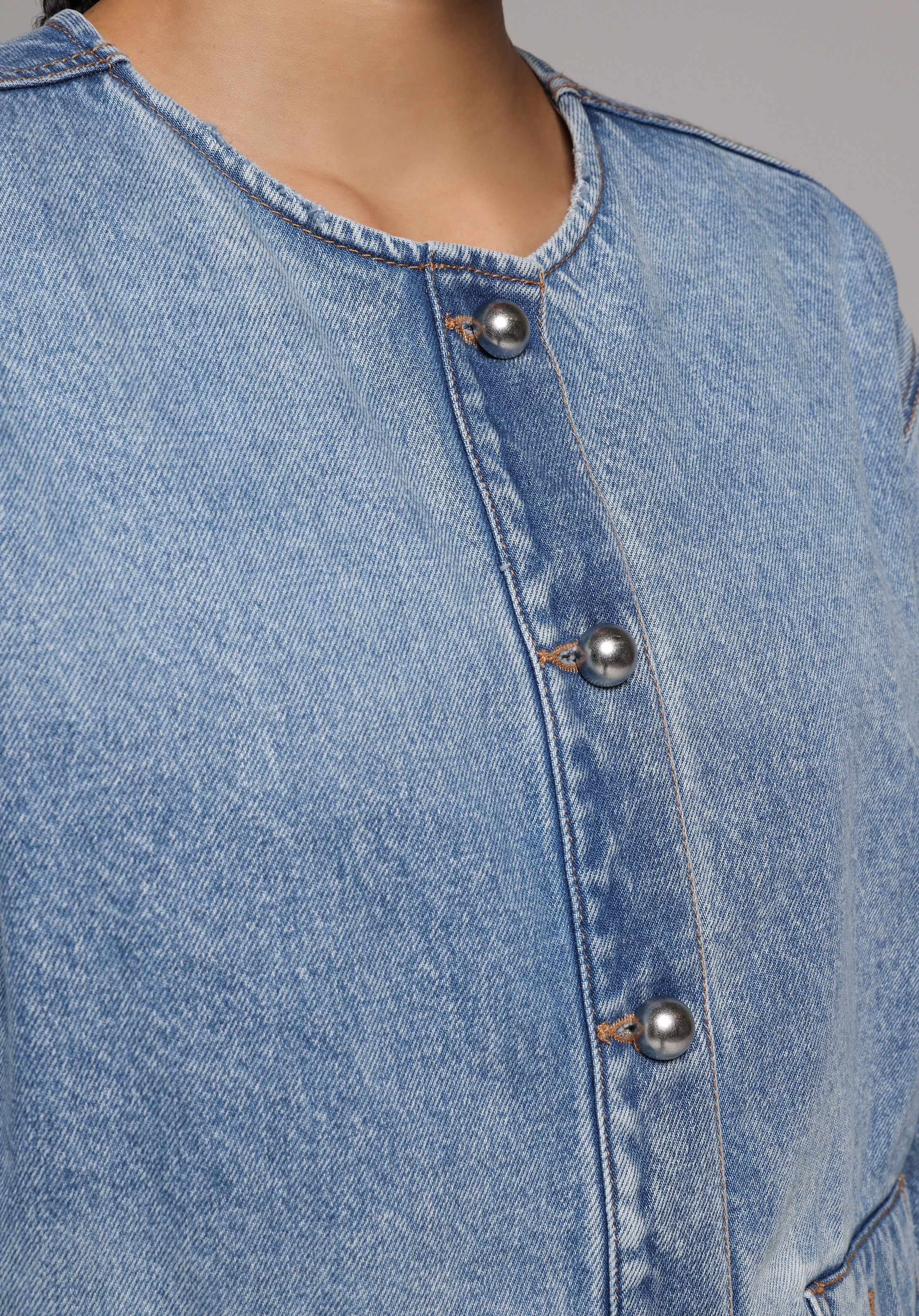 Regular Fit Düğmeli Astarsız  Kadın Mid İndigo Denim Ceket