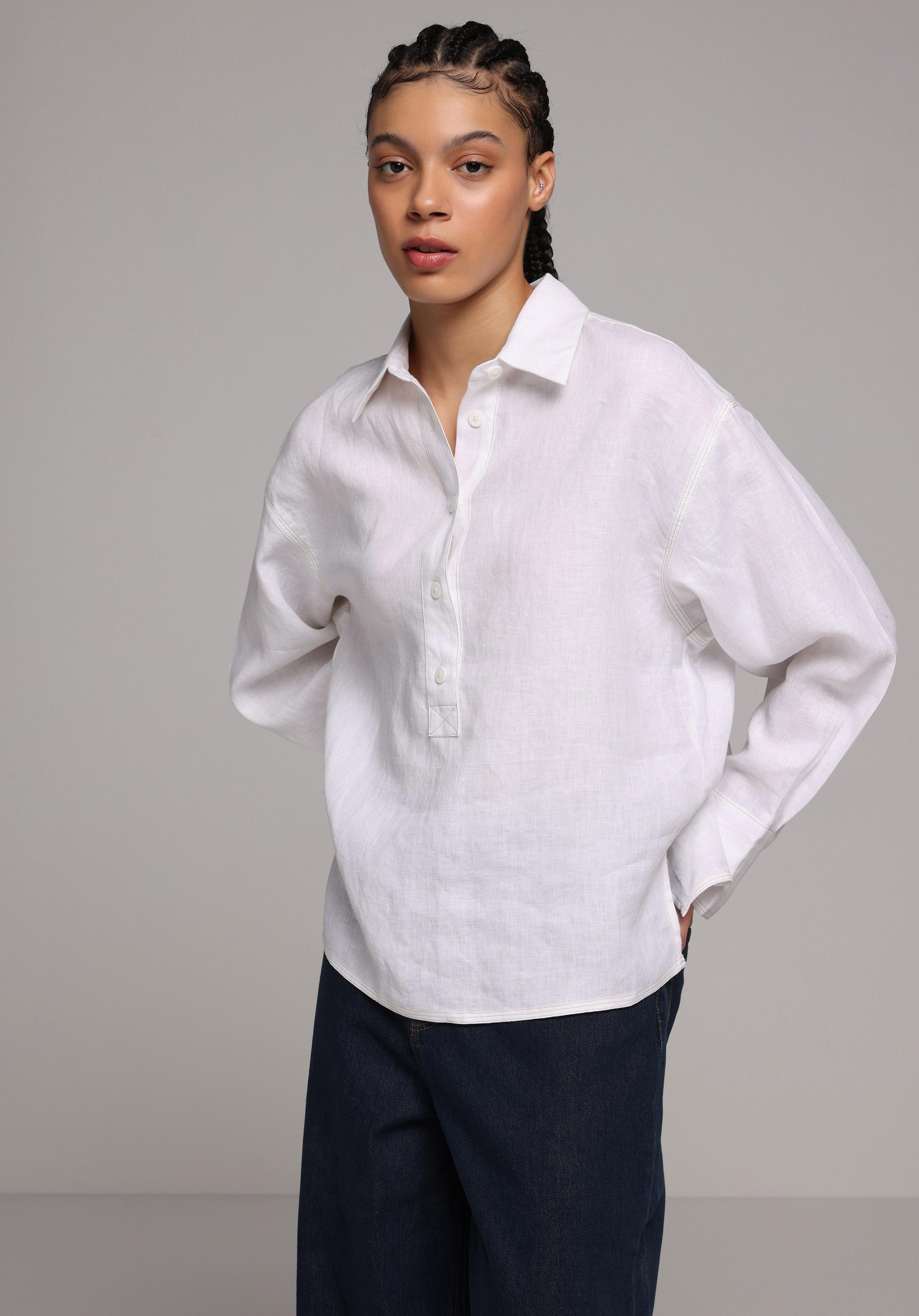 Fashion Fit Shirt Neck Düz Kadın Beyaz Uzun Kol Gömlek