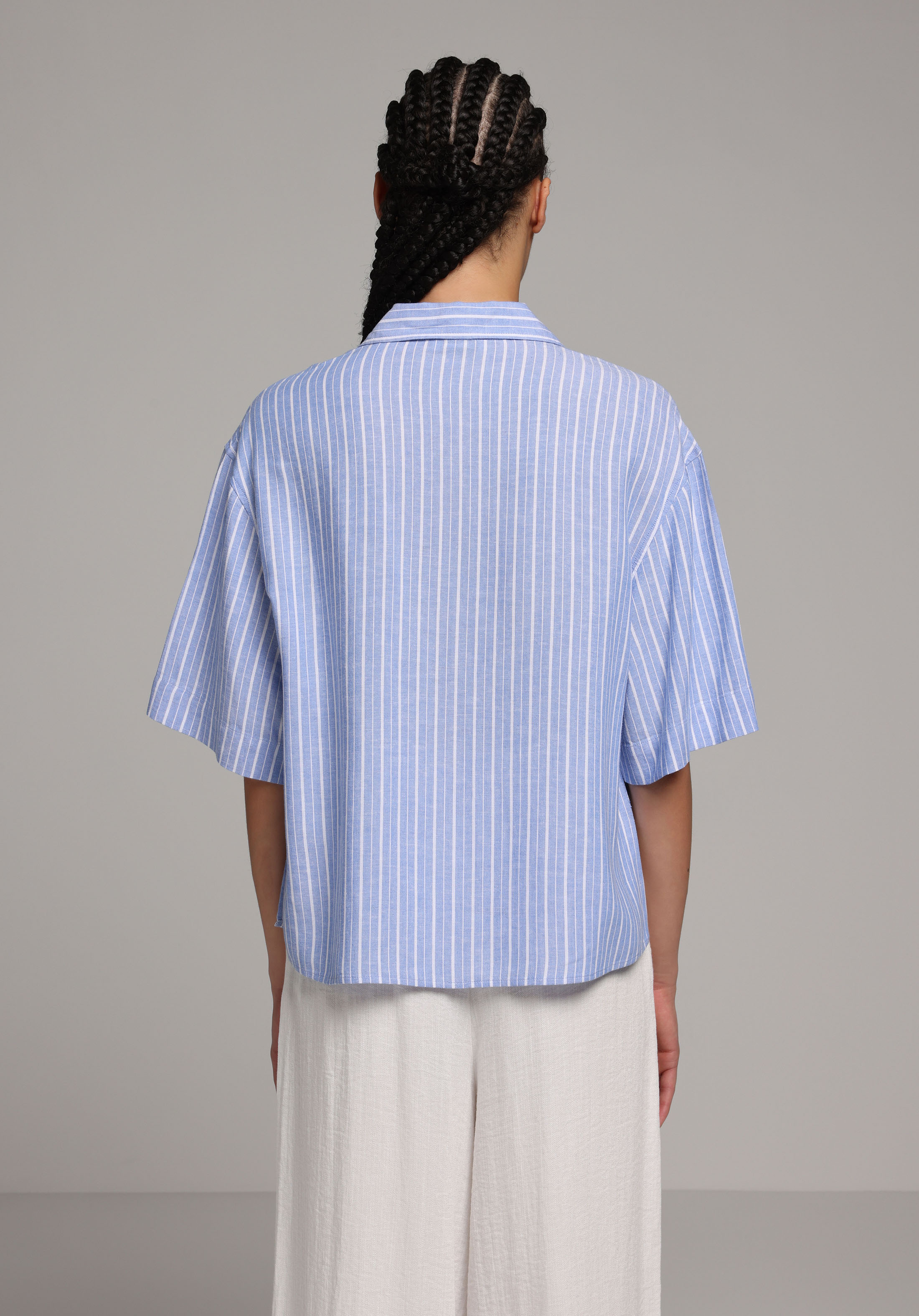 Fashion Fit Shirt Neck Çizgili Kadın Mavi Kısa Kol Gömlek