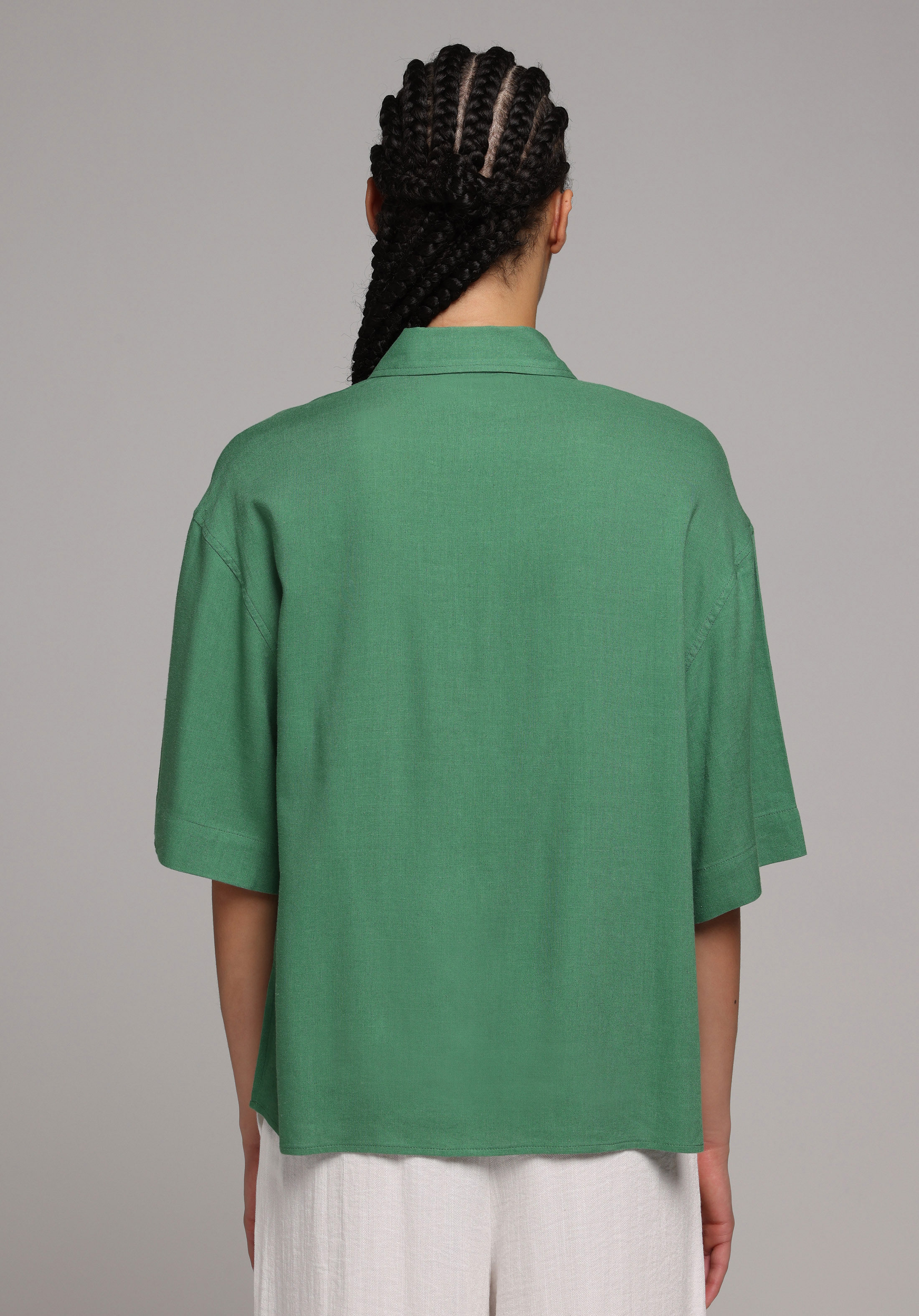 Fashion Fit Shirt Neck Düz Kadın Yeşil Kısa Kol Gömlek